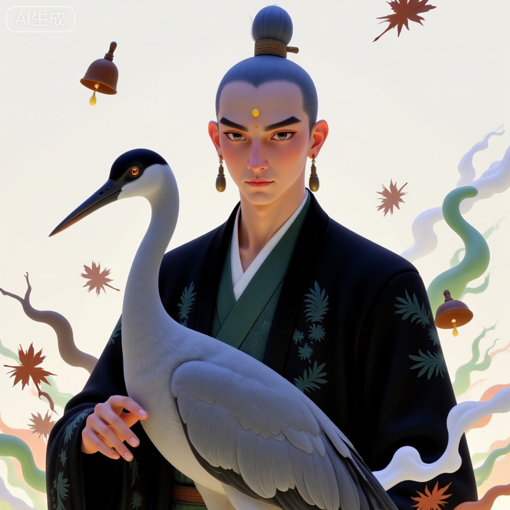 A full-body portrait of an Eastern elder, with a gray crane standing beside him, featuring a silver bun tied with a wooden hairpin, thick silkworm-shaped eyebrows, agate drop earrings, a yellow dot on the forehead, wearing carved wooden pendants, dressed in dark cotton clothing with pine patterns, surrounded by floating (brown, white, green, etc.) fantasy elements that resemble fallen leaves and bell-shaped decorations, creating an overall atmosphere of solemnity and Eastern sage flavor, with earthy color contrasts, steady visual impact and profound sense.

