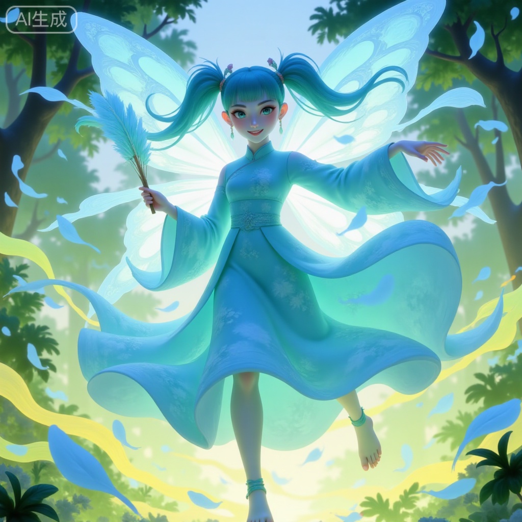 A digital artwork depicting a lively, enchanting figure of a girl with a cyan glow of skin, twin ponytails of mint green hair and butterfly-shaped transparent wings. Dressed in flowy cyan cheongsam with flower patterns, this image has a cheerful expression, feet hovering above the ground, hands waving a feather fan. The bright rotating colors of green, yellow and white form a forest background. Its style has a fantasy theme. The whole character is surrounded by cyan dewdrops. There is a lively atmosphere. The air is dotted with fluttering petal particles. It is high-definition, dreamy and ethereal.

