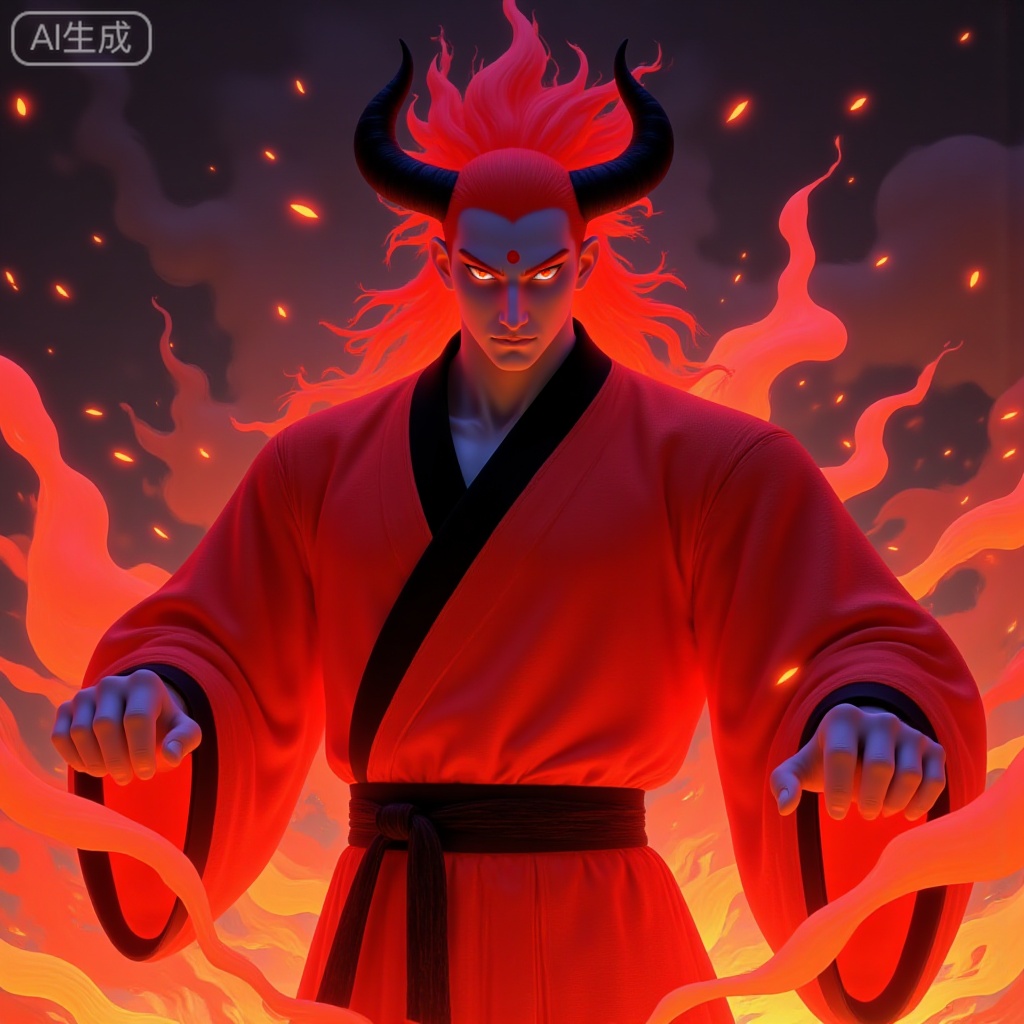 A digital artwork depicting a bold, mythical figure of a man with a crimson glow of skin, messy crimson hair and horn-like protrusions on the forehead. Dressed in red linen martial arts attire with black trim, this image has a fierce expression, fists clenched tightly, standing in a fighting stance. The fiery rotating colors of red, orange and black form a volcanic background. Its style has a fantasy theme. The whole character is surrounded by crimson sparks. There is a blazing atmosphere. The air is dotted with crackling flame particles. It is high-definition, dreamy and ethereal.
