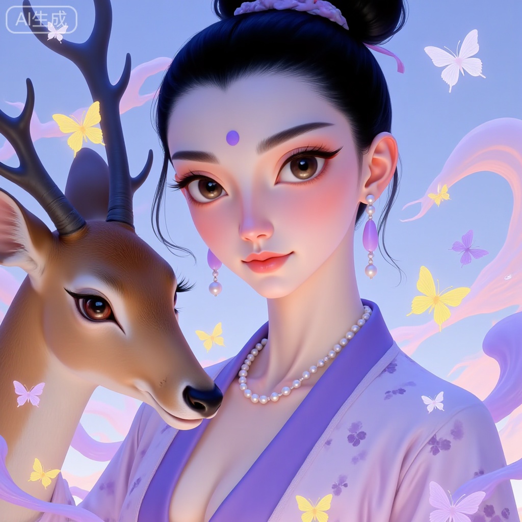 A full-body portrait of an Eastern maiden, with a spotted deer beside her, featuring a double bun hairstyle tied with silk ribbons, round apricot-shaped eyebrows, pearl stud earrings, a purple plum blossom mark on the forehead, wearing beaded necklaces, dressed in pastel silk clothing with butterfly patterns, surrounded by sparkling (lavender, yellow, white, etc.) fantasy elements that resemble dew and butterfly-shaped decorations, creating an overall atmosphere of freshness and Eastern maiden flavor, with bright color contrasts, lively visual impact and sweet sense.
