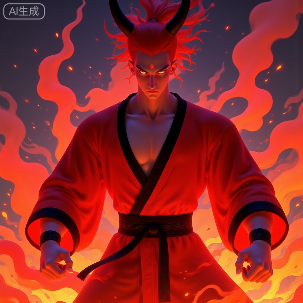 A digital artwork depicting a bold, mythical figure of a man with a crimson glow of skin, messy crimson hair and horn-like protrusions on the forehead. Dressed in red linen martial arts attire with black trim, this image has a fierce expression, fists clenched tightly, standing in a fighting stance. The fiery rotating colors of red, orange and black form a volcanic background. Its style has a fantasy theme. The whole character is surrounded by crimson sparks. There is a blazing atmosphere. The air is dotted with crackling flame particles. It is high-definition, dreamy and ethereal.
