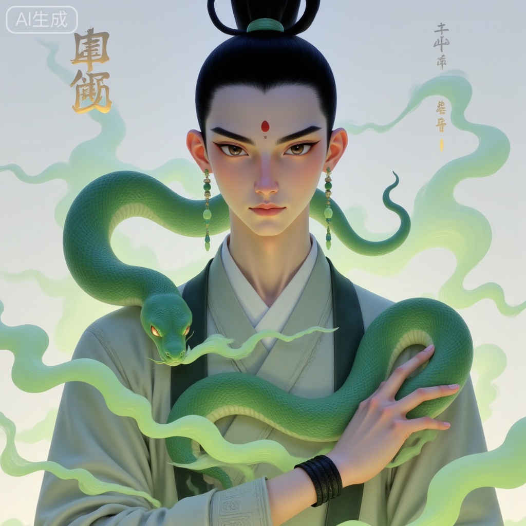 A full-body portrait of an Eastern youth, with a green python coiled beside him, featuring a half-up half-down braided hairstyle with jade hairpins, sharp sword-shaped eyebrows, black obsidian earrings, a red crescent mark on the forehead, wearing woven linen bracelets, dressed in linen clothing with cloud patterns, surrounded by misty (green, gray, gold, etc.) fantasy elements that resemble smoke and rune-shaped decorations, creating an overall atmosphere of calmness and Eastern hermit flavor, with muted color contrasts, restrained visual impact and ethereal sense.
