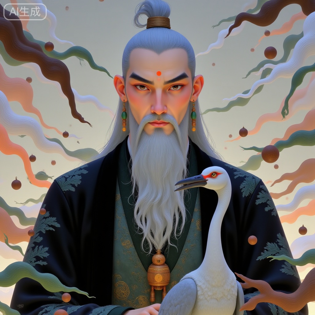 A full-body portrait of an Eastern elder, with a gray crane standing beside him, featuring a silver bun tied with a wooden hairpin, thick silkworm-shaped eyebrows, agate drop earrings, a yellow dot on the forehead, wearing carved wooden pendants, dressed in dark cotton clothing with pine patterns, surrounded by floating (brown, white, green, etc.) fantasy elements that resemble fallen leaves and bell-shaped decorations, creating an overall atmosphere of solemnity and Eastern sage flavor, with earthy color contrasts, steady visual impact and profound sense.
