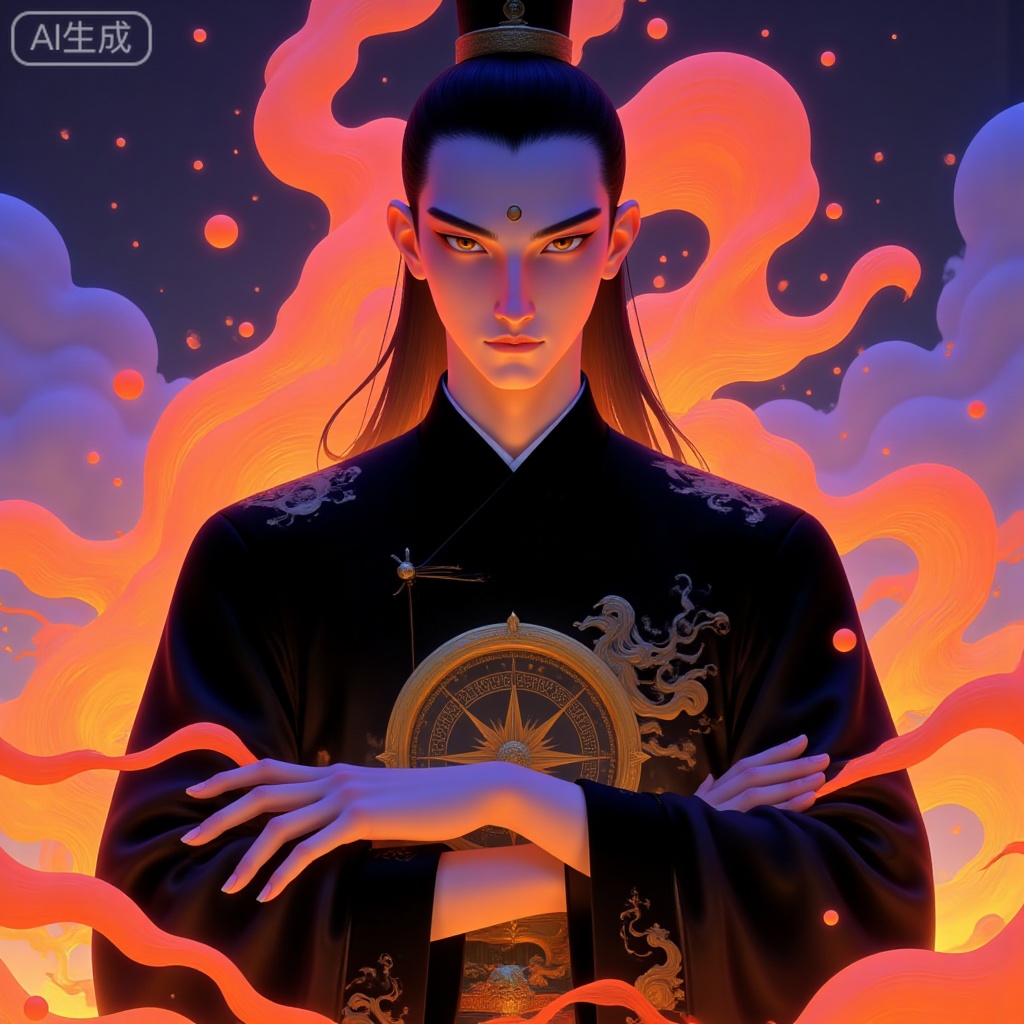 A digital artwork depicting a solemn, mystical figure of a man with a golden glow of skin, short braided brown hair and cat-like slanted eyes. Dressed in dark silk Tang suit with golden cloud patterns, this image has a firm expression, arms crossed over the chest, holding a bronze compass. The vivid rotating colors of orange, gold and purple form a starry background. Its style has a fantasy theme. The whole character is surrounded by golden dust. There is a sacred atmosphere. The air is dotted with floating rune particles. It is high-definition, dreamy and ethereal.
