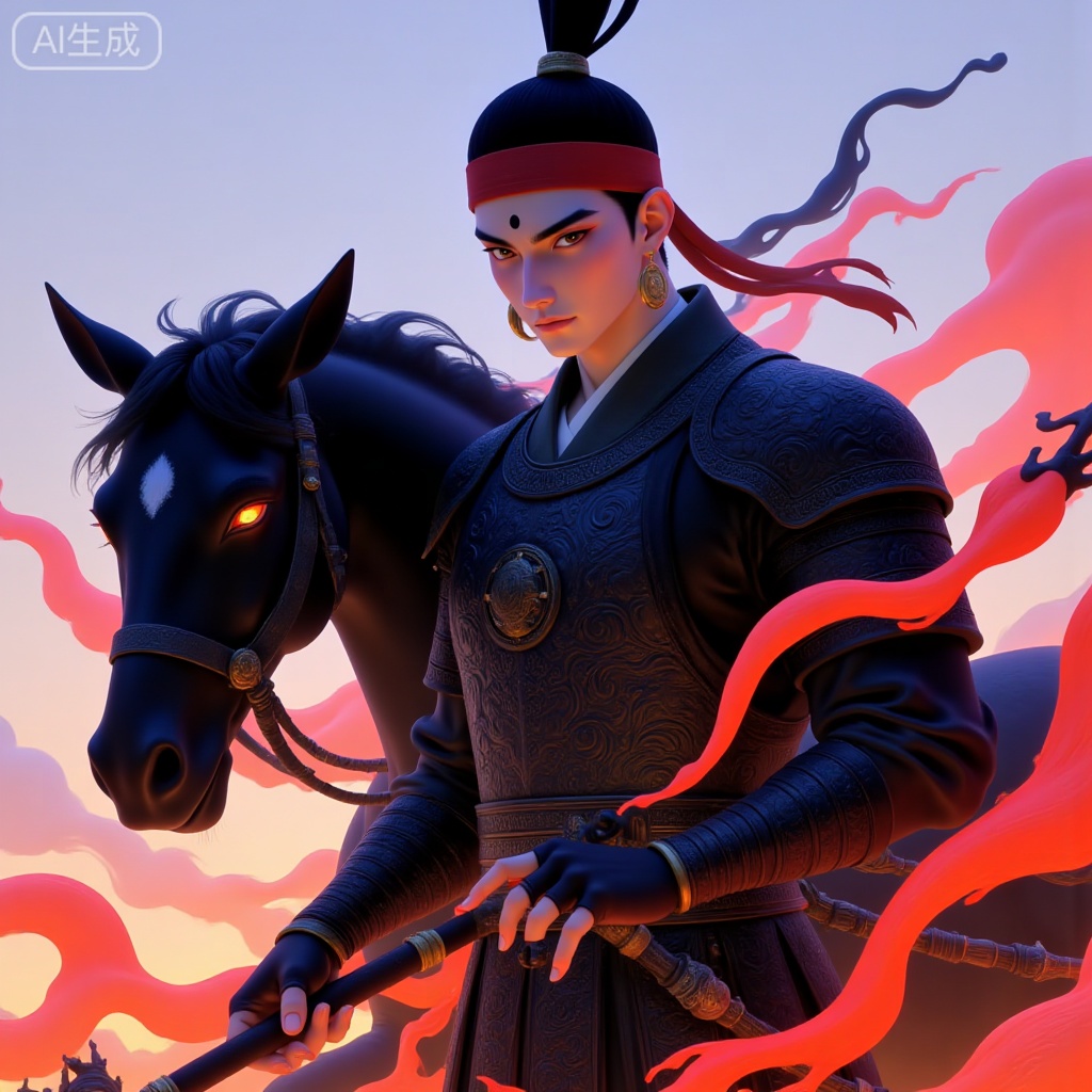 A full-body portrait of an Eastern warrior, with a black war horse beside him, featuring a short hair style with a red headband, thick sword-edge eyebrows, bronze hoop earrings, a black lightning mark on the forehead, wearing leather wrist guards, dressed in dark armor with dragon patterns, surrounded by surging (red, black, gold, etc.) fantasy elements that resemble flames and shield-shaped decorations, creating an overall atmosphere of heroism and Eastern martial flavor, with bold color contrasts, powerful visual impact and bold sense.
