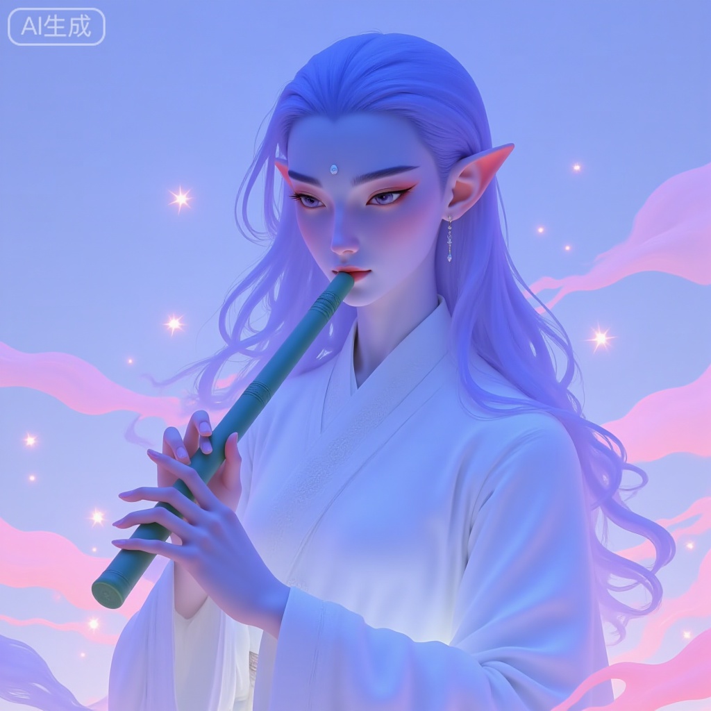 A digital artwork depicting a serene, otherworldly figure of a woman with a silver glow of skin, wavy purple hair and pointed elf-like ears. Dressed in white Hanfu embroidered with silver thread, this image has a gentle expression, eyes half-closed, hands resting lightly on a jade flute. The soft rotating colors of lavender, pink and cyan form a misty background. Its style has a fantasy theme. The whole character is surrounded by silvery mist. There is a tranquil atmosphere. The air is dotted with glowing star-shaped particles. It is high-definition, dreamy and ethereal.
