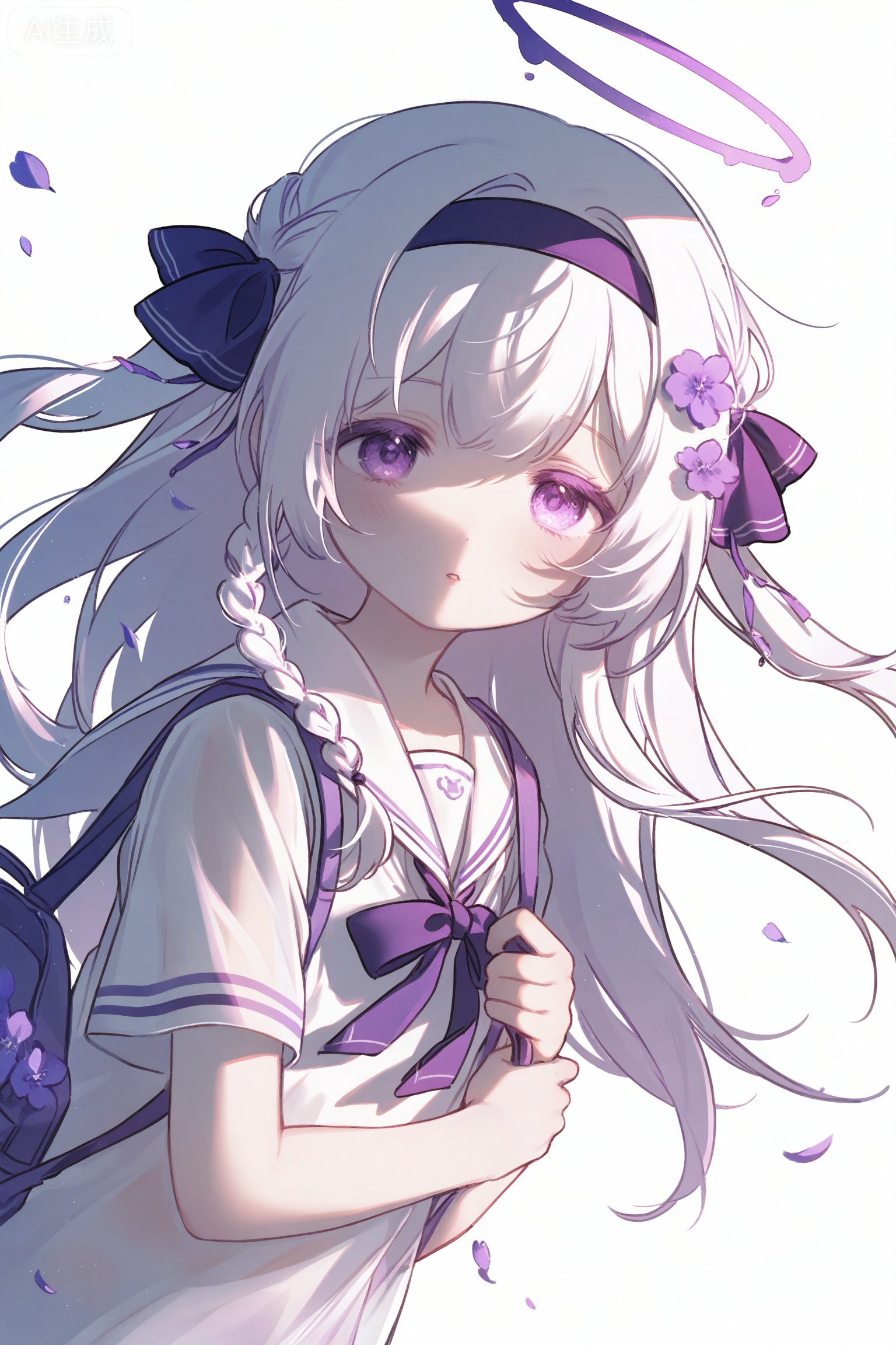 masterpiece,very aware,highres,absurdres,newest,best quality,petite,high quality,chromatic_aberration,cinematic_angle,dutch angle,child,petite,//,umehara,konya karasue,//,1girl, solo, long hair, looking at viewer, bangs, simple background, shirt, white background, ribbon, holding, purple eyes, hair ribbon, upper body, braid, flower, white hair, short sleeves, hairband, parted lips, virtual youtuber, sailor collar, bag, see-through, petals, floating hair, halo, white sailor collar