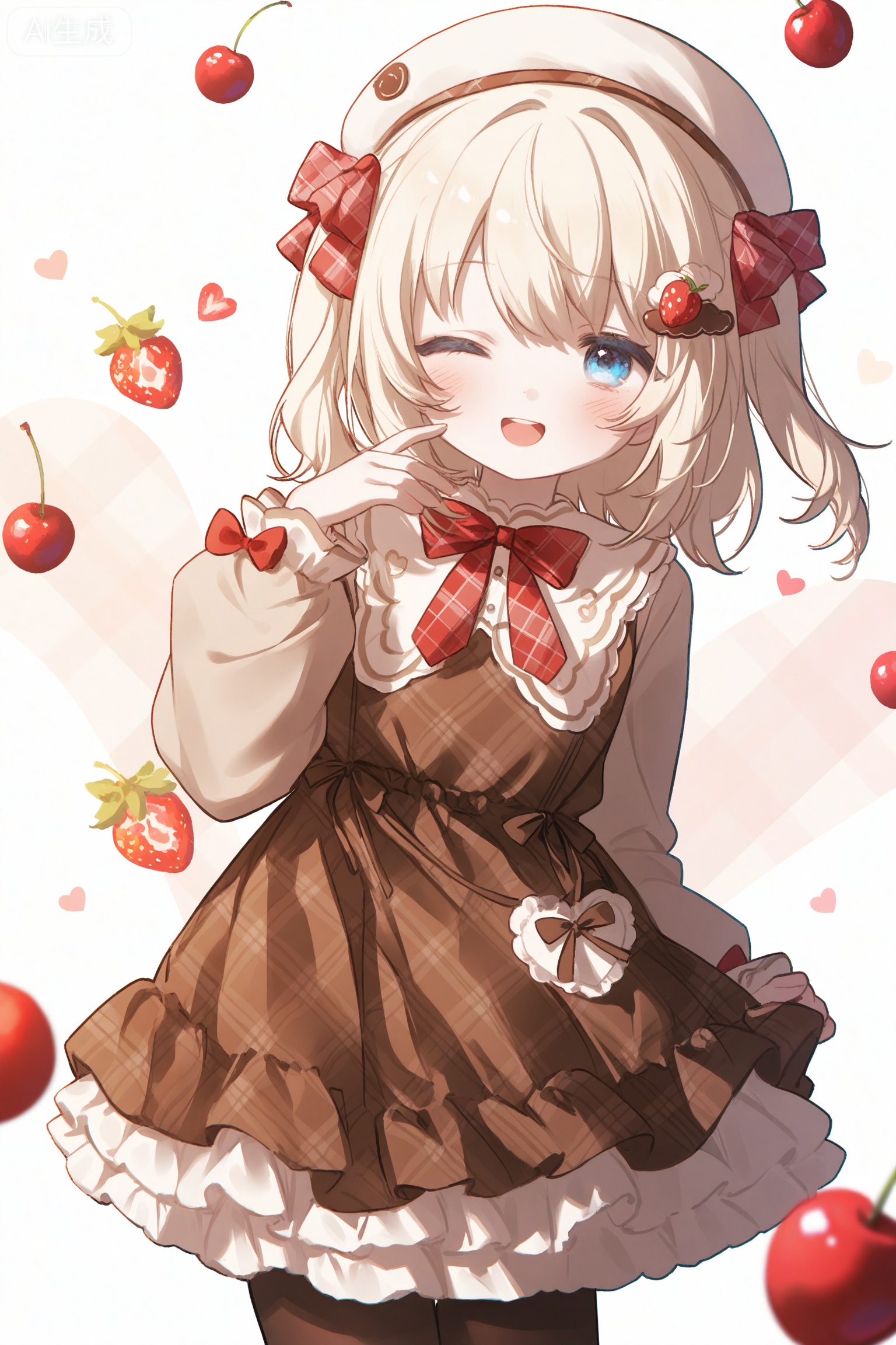 masterpiece,very aware,highres,absurdres,newest,best quality,petite,high quality,chromatic_aberration,cinematic_angle,dutch angle,child,petite,//,umehara,konya karasue,//,1girl, solo, looking at viewer, blush, smile, open mouth, bangs, blue eyes, skirt, blonde hair, shirt, hair ornament, long sleeves, hat, dress, bow, heart, pantyhose, cowboy shot, frills, one eye closed, food, virtual youtuber, bowtie, medium hair, red bow, plaid, fruit, beret, white headwear, ;d, frilled skirt, red bowtie, brown skirt, brown pantyhose, chocolate, strawberry, food-themed hair ornament, brown dress, layered skirt, cherry, plaid bow, whipped cream