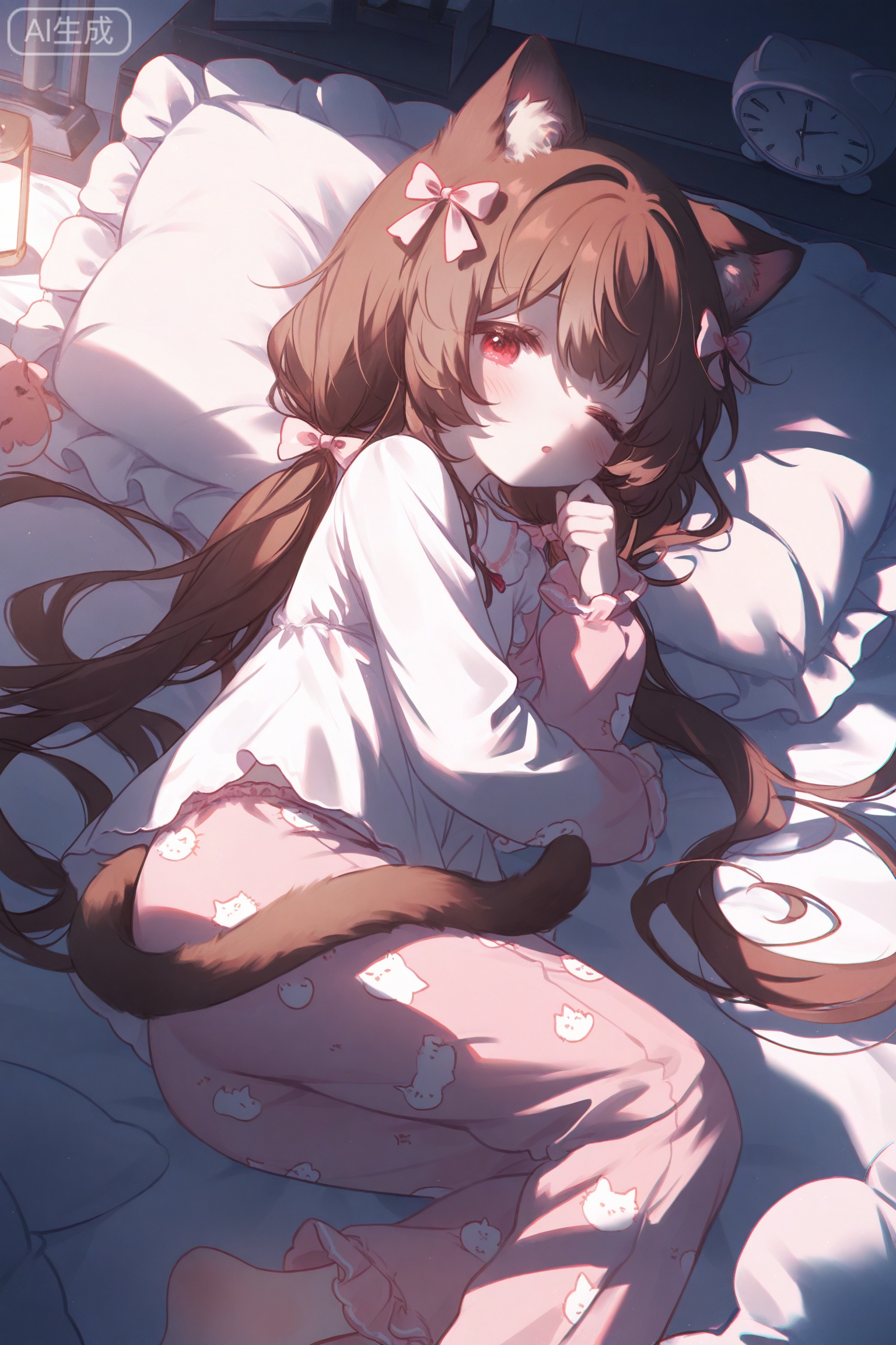 masterpiece,very aware,highres,absurdres,newest,best quality,petite,high quality,chromatic_aberration,cinematic_angle,dutch angle,child,petite,//,umehara,konya karasue,//,1girl, solo, long hair, looking at viewer, blush, bangs, brown hair, shirt, red eyes, long sleeves, bow, animal ears, twintails, very long hair, tail, white shirt, hair bow, lying, frills, parted lips, one eye closed, barefoot, collared shirt, pants, cat ears, cat tail, animal ear fluff, pillow, low twintails, on side, cat girl, pajamas, clock, ;o, frilled pillow