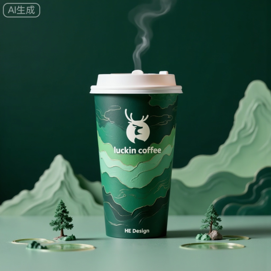 Luckin Coffee’s limited-edition paper cup design is displayed. The main body is a green three-dimensional mountain pattern paper cup. The cup body adopts multi-layer gradient green relief technology to simulate the shape of stacked mountains, with the white deer head brand logo and the "luckin coffee" English logo embedded in the middle. The top of the paper cup has a white steam effect rising, and the bottom is decorated with a dark green wavy base. The background is a gradient dark green, surrounded by freehand mountain silhouettes on both sides, and miniature tree models are dotted in the reflection of the water at the bottom. The overall design combines Chinese landscape artistic conception with modern packaging. The colors are dark green, light green, and emerald green to create a sense of hierarchy. The light slants from the top to form a contrast between light and dark, highlighting the three-dimensional texture of the cup body. The words "HE Design" are marked at the bottom of the screen, presenting a natural and fresh visual image of high-end drinks as a whole.