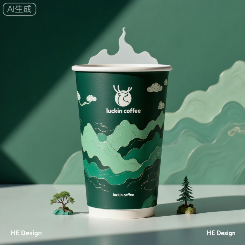 Luckin Coffee’s limited-edition paper cup design is displayed. The main body is a green three-dimensional mountain pattern paper cup. The cup body adopts multi-layer gradient green relief technology to simulate the shape of stacked mountains, with the white deer head brand logo and the "luckin coffee" English logo embedded in the middle. The top of the paper cup has a white steam effect rising, and the bottom is decorated with a dark green wavy base. The background is a gradient dark green, surrounded by freehand mountain silhouettes on both sides, and miniature tree models are dotted in the reflection of the water at the bottom. The overall design combines Chinese landscape artistic conception with modern packaging. The colors are dark green, light green, and emerald green to create a sense of hierarchy. The light slants from the top to form a contrast between light and dark, highlighting the three-dimensional texture of the cup body. The words "HE Design" are marked at the bottom of the screen, presenting a natural and fresh visual image of high-end drinks as a whole.