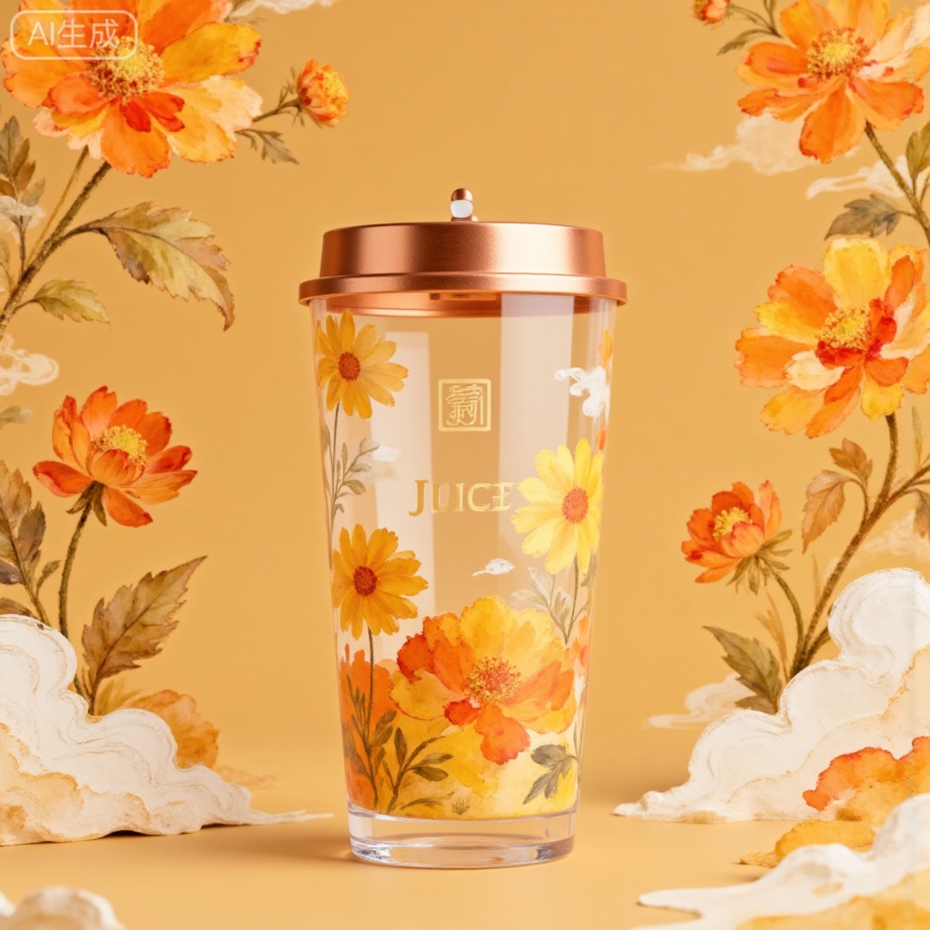 Generate a fresh and natural-style product photography. The core of the picture is a glass with a rose gold lid. The transparent cup body is printed with "JUICE" and is decorated with watercolor-style goose-yellow daisy and orange berry patterns. The overall background color is low-saturation light brown, highlighting the fresh summer atmosphere. The composition is vertically centered, with the glass as the visual center. The berries break the symmetry to increase vividness. It pursues the fusion of the exquisiteness of product photography and the artistic sense of floral installations, emphasizing the watercolor pattern of the glass, the shiny texture of the gilded glass, and the vivid details of the berries. Paper light carving style, glossy, small seal, clear structure, exquisite craftsmanship, 8k, high-definition scan, spectacular scene character silhouettes, refreshing atmosphere, textured background with translucent light details, meticulous carving, vibrant warm tones, random contrasting colors, ancient glass craftsmanship, collision with modern trends, exquisite, extremely fine golden line drawing pen drawing image, logo Design, clean picture, excellent graphic design work, avant-garde new Chinese-style poster, master-level typesetting, the image is composed of countless code particles dispersed, from blurry to clear images and outlines, new Chinese style, extreme blank space, Zen, sense of technology, tall and slender, mysterious, fantasy world, obvious outline, light transmission, light reflection, smart beauty, ultra-high definition, Chinese aesthetic, handwritten signature jifan, CG rendering, masterpiece, 8k High definition, the entire picture is dominated by golden orange, strong sense of vitality, smart, futuristic, bright colors, hazy, noble, fresh, nightmare, sweet and cool style, layered, golden orange tone, advanced, colorful, stunning, elegant, extreme details and light and shadow, OC rendering, fresh aesthetics, dream core​