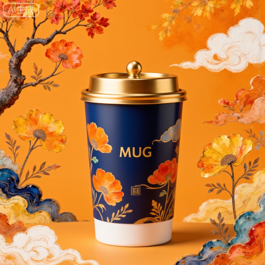 Generate a fresh and natural-style product photography. The core of the picture is an enamel cup with a gilt lid. The sapphire blue cup body is printed with "MUG" and is decorated with watercolor-style orange maple leaves and yellow ginkgo patterns. The overall background color is low-saturation orange to highlight the autumn harvest atmosphere. The composition is vertically centered, with the enamel cup as the visual center, and the maple leaves break the symmetry to increase vividness. It pursues the fusion of the exquisiteness of product photography and the artistic sense of floral installations, emphasizing the watercolor pattern of the enamel cup, the shiny texture of enamel gold, and the vivid details of the maple leaves. Paper light engraving style, glossy, small seal, clear structure, exquisite craftsmanship, 8k, high-definition scan, textured background of spectacular scene character silhouettes, warm atmosphere, soft light details, meticulous carving, healing warm tones, random contrasting colors, ancient enamel craftsmanship, collision with modern trends of thought, exquisite, extremely fine orange line drawing pen drawing image, logo Design, clean picture, excellent graphic design work, avant-garde new Chinese-style poster, master-level typesetting, the image is composed of countless code particles dispersed, from blurry to clear images and outlines, new Chinese style, extreme blank space, Zen, sense of technology, tall and slender, mysterious, fantasy world, obvious outline, light transmission, light reflection, warm beauty, ultra-high definition, Chinese aesthetic, handwritten signature jifan, CG rendering, masterpiece, 8k High definition, the whole picture is mainly golden and blue, strong sense of warmth, smart, futuristic, warm colors, hazy, noble, gorgeous, nightmare, gentle wind, layered, golden blue tone, high-end, colorful, stunning, elegant, extreme details and light and shadow, OC rendering, warm aesthetics, dream core​