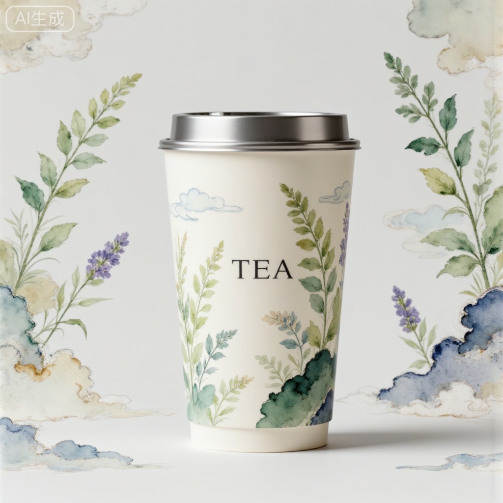 Generate a fresh and natural-style product photography. The core of the picture is a ceramic cup with a silver lid. The off-white cup body is printed with "TEA" and is decorated with watercolor-style tender green branches and leaves and lavender floral patterns. The overall background color is low-saturation light gray, highlighting the fresh spring atmosphere. The composition is vertically centered, with the ceramic cup as the visual center. The branches and leaves break the symmetry to increase vividness. It pursues the fusion of the exquisiteness of product photography and the artistic sense of floral installations, emphasizing the watercolor pattern of the ceramic cup, the matte texture of ceramic gilt silver, and the vivid details of the branches and leaves. Paper light engraving style, glossy, small seal, clear structure, exquisite craftsmanship, 8k, high-definition scan, spectacular scene character silhouettes, quiet atmosphere, textured background with soft light details, meticulous carving, healing warm tones, random contrasting colors, ancient traditional pottery, collision with modern trends of thought, exquisite, extremely fine black line drawing pen drawing image, logo Design, clean picture, excellent graphic design work, avant-garde new Chinese-style poster, master-level typesetting, the image is composed of countless code particles dispersed, from blurry to clear images and outlines, new Chinese style, extreme blank space, Zen, sense of technology, tall and slender, mysterious, fantasy world, obvious outline, light transmission, light reflection, elegant beauty, ultra-high definition, Chinese aesthetic, handwritten signature jifan, CG rendering, masterpiece, 8k High-definition, the whole picture is mainly silver-white, with a strong sense of softness, smartness, futurism, elegant colors, hazy, noble, simple, nightmare, forest style, layered, silver-white tone, high-end, soft colors, stunning, elegant, extreme details and light and shadow, OC rendering, minimalist aesthetics, dream core​