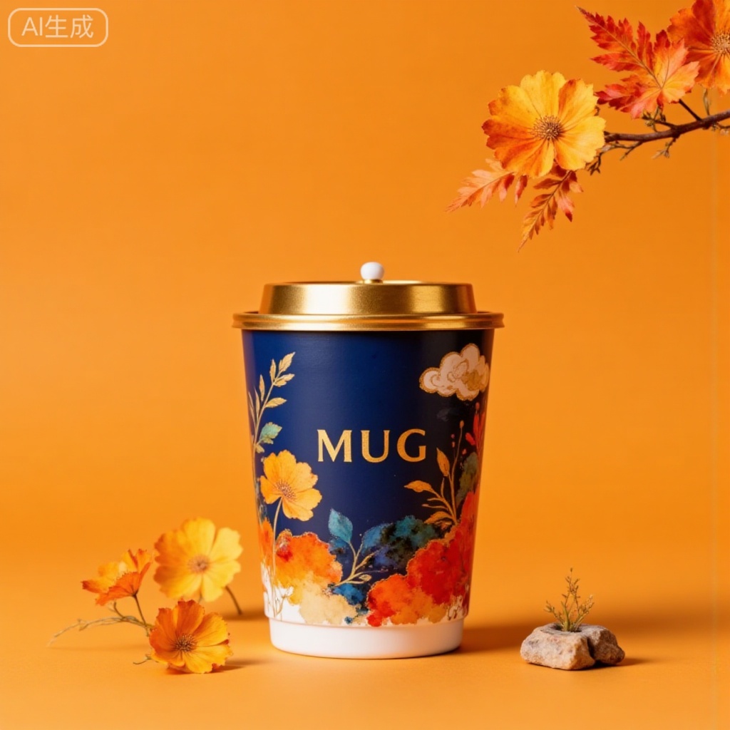 Generate a fresh and natural-style product photography. The core of the picture is an enamel cup with a gilt lid. The sapphire blue cup body is printed with "MUG" and is decorated with watercolor-style orange maple leaves and yellow ginkgo patterns. The overall background color is low-saturation orange to highlight the autumn harvest atmosphere. The composition is vertically centered, with the enamel cup as the visual center, and the maple leaves break the symmetry to increase vividness. It pursues the fusion of the exquisiteness of product photography and the artistic sense of floral installations, emphasizing the watercolor pattern of the enamel cup, the shiny texture of enamel gold, and the vivid details of the maple leaves. Paper light engraving style, glossy, small seal, clear structure, exquisite craftsmanship, 8k, high-definition scan, textured background of spectacular scene character silhouettes, warm atmosphere, soft light details, meticulous carving, healing warm tones, random contrasting colors, ancient enamel craftsmanship, collision with modern trends of thought, exquisite, extremely fine orange line drawing pen drawing image, logo Design, clean picture, excellent graphic design work, avant-garde new Chinese-style poster, master-level typesetting, the image is composed of countless code particles dispersed, from blurry to clear images and outlines, new Chinese style, extreme blank space, Zen, sense of technology, tall and slender, mysterious, fantasy world, obvious outline, light transmission, light reflection, warm beauty, ultra-high definition, Chinese aesthetic, handwritten signature jifan, CG rendering, masterpiece, 8k High definition, the whole picture is mainly golden and blue, strong sense of warmth, smart, futuristic, warm colors, hazy, noble, gorgeous, nightmare, gentle wind, layered, golden blue tone, high-end, colorful, stunning, elegant, extreme details and light and shadow, OC rendering, warm aesthetics, dream core​