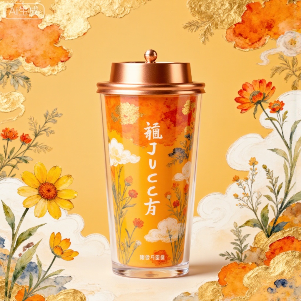 Generate a fresh and natural-style product photography. The core of the picture is a glass with a rose gold lid. The transparent cup body is printed with "JUICE" and is decorated with watercolor-style goose-yellow daisy and orange berry patterns. The overall background color is low-saturation light brown, highlighting the fresh summer atmosphere. The composition is vertically centered, with the glass as the visual center. The berries break the symmetry to increase vividness. It pursues the fusion of the exquisiteness of product photography and the artistic sense of floral installations, emphasizing the watercolor pattern of the glass, the shiny texture of the gilded glass, and the vivid details of the berries. Paper light carving style, glossy, small seal, clear structure, exquisite craftsmanship, 8k, high-definition scan, spectacular scene character silhouettes, refreshing atmosphere, textured background with translucent light details, meticulous carving, vibrant warm tones, random contrasting colors, ancient glass craftsmanship, collision with modern trends, exquisite, extremely fine golden line drawing pen drawing image, logo Design, clean picture, excellent graphic design work, avant-garde new Chinese-style poster, master-level typesetting, the image is composed of countless code particles dispersed, from blurry to clear images and outlines, new Chinese style, extreme blank space, Zen, sense of technology, tall and slender, mysterious, fantasy world, obvious outline, light transmission, light reflection, smart beauty, ultra-high definition, Chinese aesthetic, handwritten signature jifan, CG rendering, masterpiece, 8k High definition, the entire picture is dominated by golden orange, strong sense of vitality, smart, futuristic, bright colors, hazy, noble, fresh, nightmare, sweet and cool style, layered, golden orange tone, advanced, colorful, stunning, elegant, extreme details and light and shadow, OC rendering, fresh aesthetics, dream core​