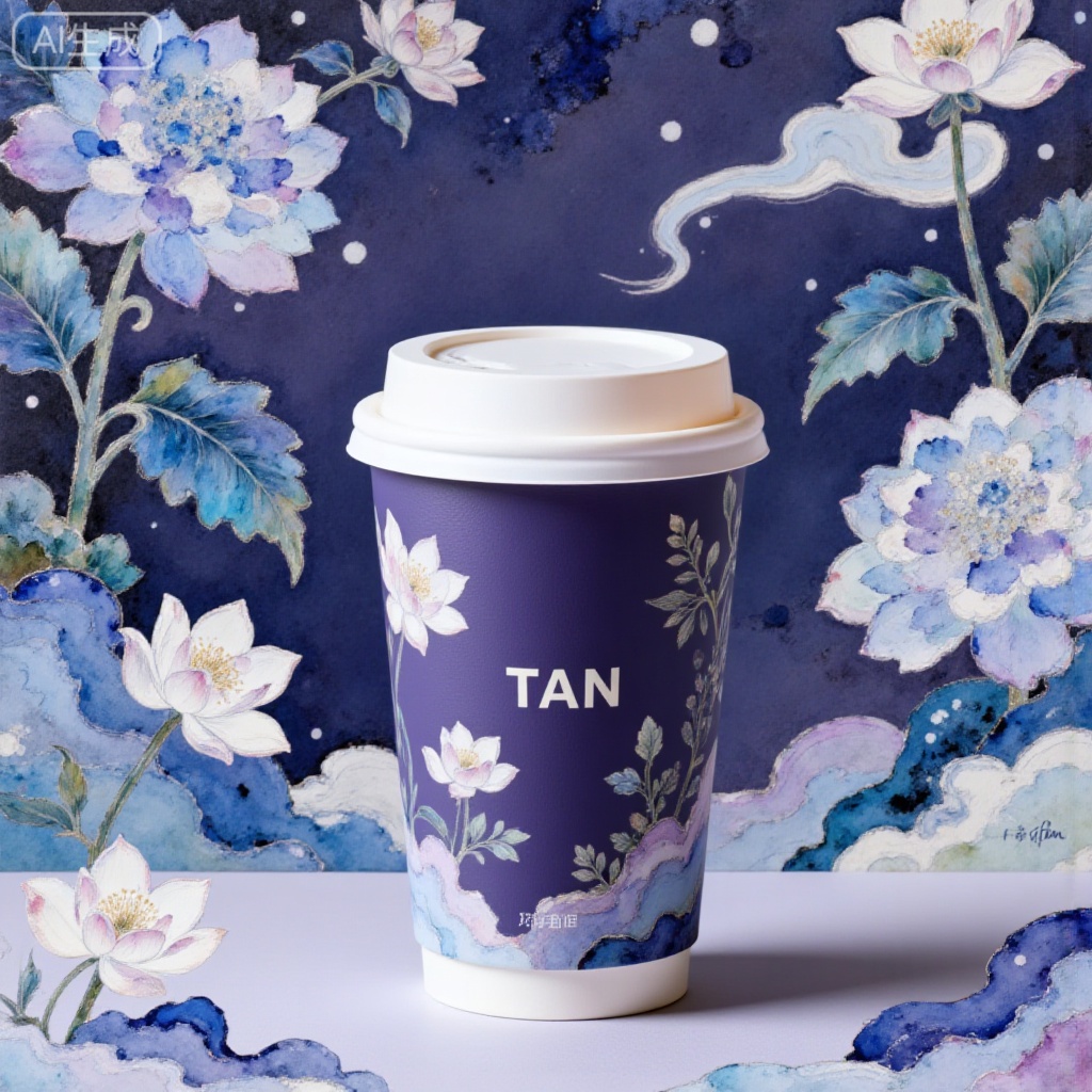 Generate a fresh and natural-style product photography work. The core of the picture is a purple sand cup with a pearl white lid. The dark purple cup body is printed with "TAN" and is decorated with watercolor-style light blue hydrangea and white jasmine patterns. The overall background color is low-saturation lilac, highlighting the fresh atmosphere of a rainy night. The composition is vertically centered, with the purple sand cup as the visual center, and the hydrangea petals break the symmetry to increase vividness. It pursues the fusion of the exquisiteness of product photography and the artistic sense of floral installations, emphasizing the watercolor pattern of the purple sand cup, the matte frosted texture of purple sand, and the vivid details of the petals. Paper light engraving style, glossy, small seal, clear structure, exquisite craftsmanship, 8k, high-definition scan, texture background of spectacular scene character silhouettes, mysterious atmosphere, hazy light details, meticulous engraving, quiet cold tones, random contrasting colors, ancient purple sand craftsmanship, collision with modern trends of thought, exquisite, extremely fine white line drawing pen drawing image, logo Design, clean picture, excellent graphic design work, avant-garde new Chinese style poster, masterful typesetting, the image is composed of countless code particles dispersed, from blurry to clear images and outlines, new Chinese style, extreme blank space, Zen, sense of technology, tall and slender, mysterious, fantasy world, obvious outline, light transmission, light reflection, cool beauty, ultra high definition, Chinese aesthetic, handwritten signature jifan, CG rendering, masterpiece, 8k High-definition, the whole picture is mainly blue and purple, strong sense of tranquility, smart, futuristic, cool colors, hazy, noble, cold, nightmare, cool wind, layered, blue-purple tones, advanced, elegant colors, stunning, elegant, extreme details and light and shadow, OC rendering, cold aesthetics, dream core​