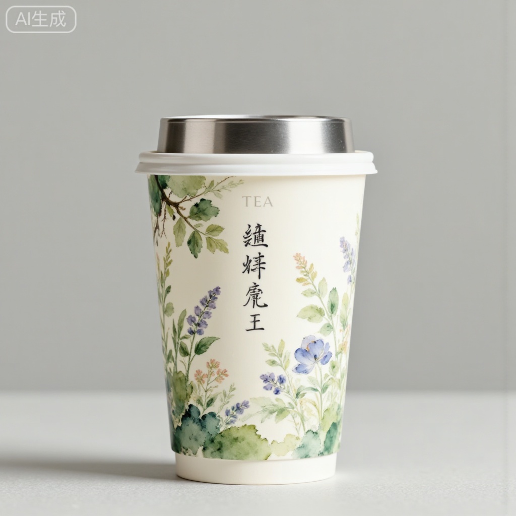 Generate a fresh and natural-style product photography. The core of the picture is a ceramic cup with a silver lid. The off-white cup body is printed with "TEA" and is decorated with watercolor-style tender green branches and leaves and lavender floral patterns. The overall background color is low-saturation light gray, highlighting the fresh spring atmosphere. The composition is vertically centered, with the ceramic cup as the visual center. The branches and leaves break the symmetry to increase vividness. It pursues the fusion of the exquisiteness of product photography and the artistic sense of floral installations, emphasizing the watercolor pattern of the ceramic cup, the matte texture of ceramic gilt silver, and the vivid details of the branches and leaves. Paper light engraving style, glossy, small seal, clear structure, exquisite craftsmanship, 8k, high-definition scan, spectacular scene character silhouettes, quiet atmosphere, textured background with soft light details, meticulous carving, healing warm tones, random contrasting colors, ancient traditional pottery, collision with modern trends of thought, exquisite, extremely fine black line drawing pen drawing image, logo Design, clean picture, excellent graphic design work, avant-garde new Chinese-style poster, master-level typesetting, the image is composed of countless code particles dispersed, from blurry to clear images and outlines, new Chinese style, extreme blank space, Zen, sense of technology, tall and slender, mysterious, fantasy world, obvious outline, light transmission, light reflection, elegant beauty, ultra-high definition, Chinese aesthetic, handwritten signature jifan, CG rendering, masterpiece, 8k High-definition, the whole picture is mainly silver-white, with a strong sense of softness, smartness, futurism, elegant colors, hazy, noble, simple, nightmare, forest style, layered, silver-white tone, high-end, soft colors, stunning, elegant, extreme details and light and shadow, OC rendering, minimalist aesthetics, dream core​