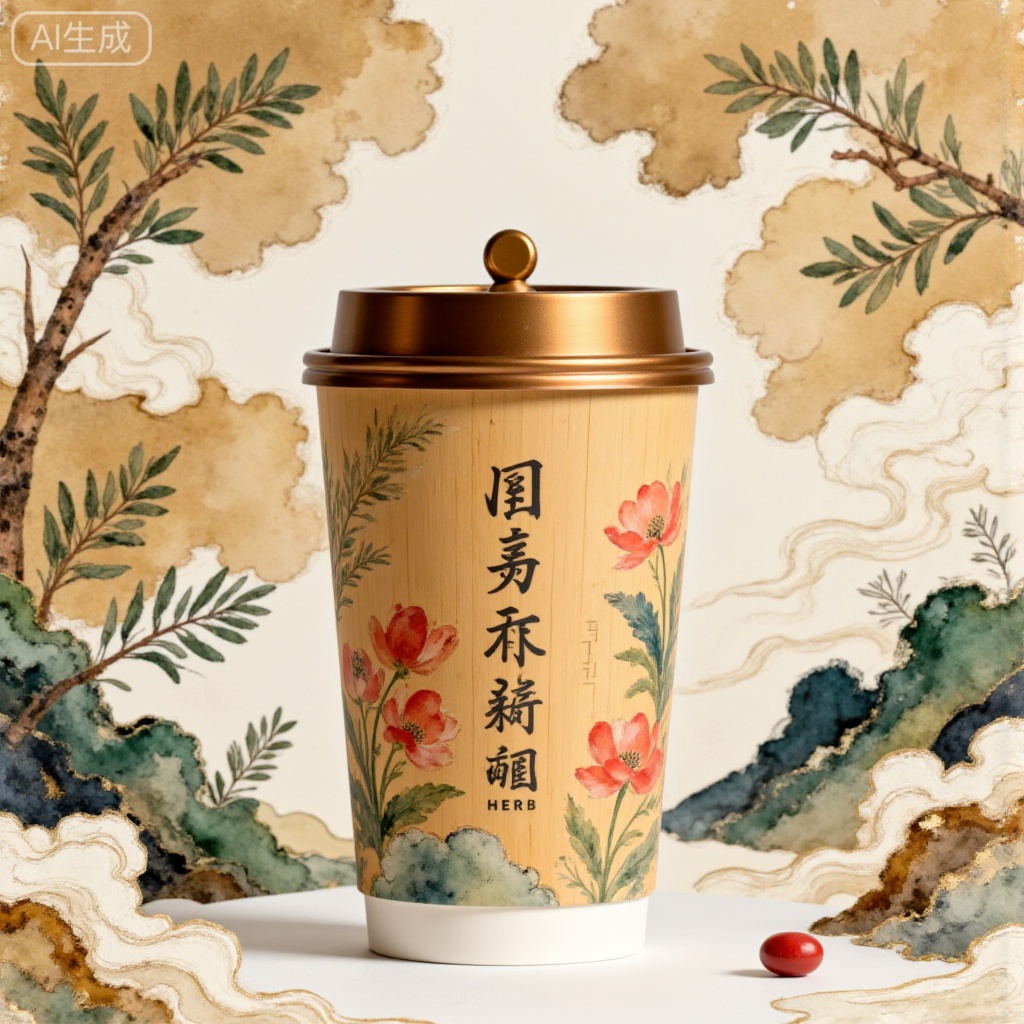 Generate a fresh and natural-style product photography. The core of the picture is a bamboo cup with a bronze lid. The light brown cup body is printed with "HERB" and is decorated with watercolor-style dark green pine needles and red bean patterns. The overall background color is low-saturation khaki, highlighting the fresh winter atmosphere. The composition is vertically centered, with the bamboo cup as the visual center, and the pine needles breaking the symmetry to increase vividness. It pursues the fusion of the exquisiteness of product photography and the artistic sense of floral installations, emphasizing the watercolor pattern of the bamboo cup, the matte texture of bamboo bronze, and the vivid details of pine needles. Paper light carving style, glossy, small seal, clear structure, exquisite craftsmanship, 8k, high-definition scan, spectacular scene character silhouettes, quiet atmosphere, textured background with soft light details, detailed carving, warm warm tones, random contrasting colors, ancient bamboo weaving art, collision with modern trends of thought, exquisite, extremely fine brown line drawing pen drawing image, logo Design, clean picture, excellent graphic design work, avant-garde new Chinese-style poster, master-level typesetting, the image is composed of countless code particles dispersed, from blurry to clear images and outlines, new Chinese style, extreme white space, Zen, sense of technology, tall and slender, mysterious, fantasy world, obvious outline, light transmission, light reflection, simple beauty, ultra-high definition, Chinese aesthetic, handwritten signature jifan, CG rendering, masterpiece, 8k High-definition, the whole picture is mainly brown and red, strong sense of thickness, smart, futuristic, retro color, hazy, noble, elegant, nightmare, retro style, layered, brown-red tone, high-end, rich color, stunning, elegant, extreme details and light and shadow, OC rendering, retro aesthetics, dream core​