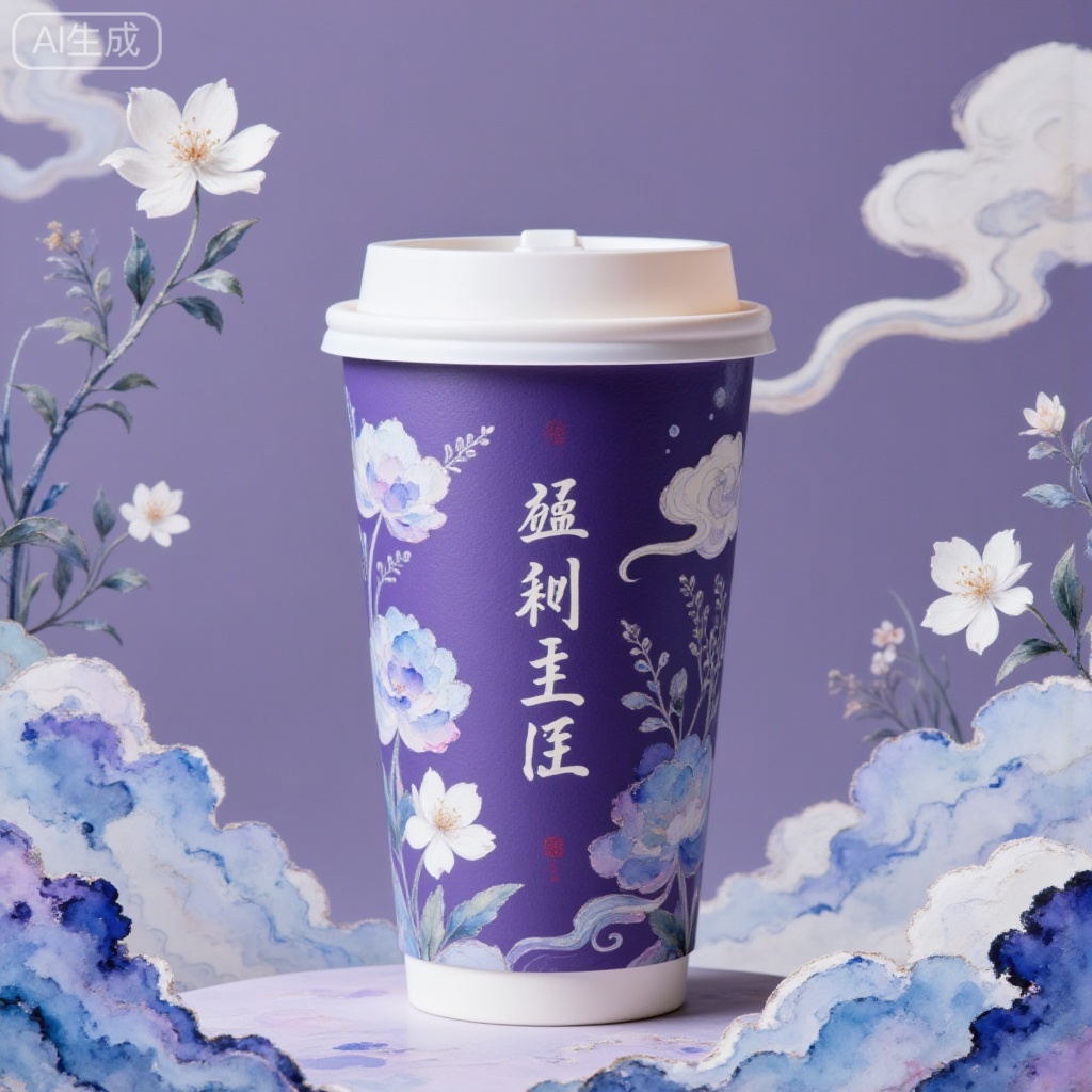 Generate a fresh and natural-style product photography work. The core of the picture is a purple sand cup with a pearl white lid. The dark purple cup body is printed with "TAN" and is decorated with watercolor-style light blue hydrangea and white jasmine patterns. The overall background color is low-saturation lilac, highlighting the fresh atmosphere of a rainy night. The composition is vertically centered, with the purple sand cup as the visual center, and the hydrangea petals break the symmetry to increase vividness. It pursues the fusion of the exquisiteness of product photography and the artistic sense of floral installations, emphasizing the watercolor pattern of the purple sand cup, the matte frosted texture of purple sand, and the vivid details of the petals. Paper light engraving style, glossy, small seal, clear structure, exquisite craftsmanship, 8k, high-definition scan, texture background of spectacular scene character silhouettes, mysterious atmosphere, hazy light details, meticulous engraving, quiet cold tones, random contrasting colors, ancient purple sand craftsmanship, collision with modern trends of thought, exquisite, extremely fine white line drawing pen drawing image, logo Design, clean picture, excellent graphic design work, avant-garde new Chinese style poster, masterful typesetting, the image is composed of countless code particles dispersed, from blurry to clear images and outlines, new Chinese style, extreme blank space, Zen, sense of technology, tall and slender, mysterious, fantasy world, obvious outline, light transmission, light reflection, cool beauty, ultra high definition, Chinese aesthetic, handwritten signature jifan, CG rendering, masterpiece, 8k High-definition, the whole picture is mainly blue and purple, strong sense of tranquility, smart, futuristic, cool colors, hazy, noble, cold, nightmare, cool wind, layered, blue-purple tones, advanced, elegant colors, stunning, elegant, extreme details and light and shadow, OC rendering, cold aesthetics, dream core​