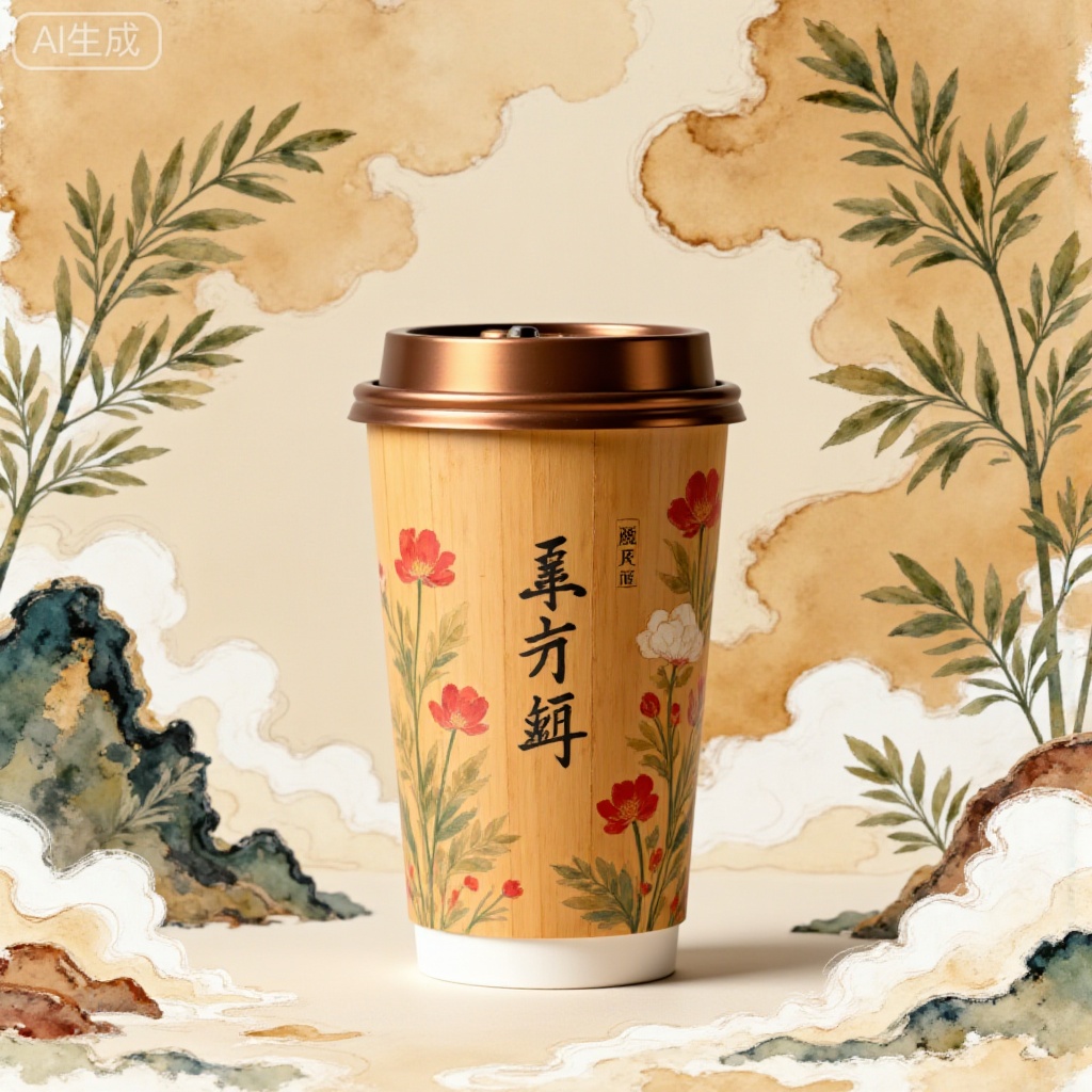 Generate a fresh and natural-style product photography. The core of the picture is a bamboo cup with a bronze lid. The light brown cup body is printed with "HERB" and is decorated with watercolor-style dark green pine needles and red bean patterns. The overall background color is low-saturation khaki, highlighting the fresh winter atmosphere. The composition is vertically centered, with the bamboo cup as the visual center, and the pine needles breaking the symmetry to increase vividness. It pursues the fusion of the exquisiteness of product photography and the artistic sense of floral installations, emphasizing the watercolor pattern of the bamboo cup, the matte texture of bamboo bronze, and the vivid details of pine needles. Paper light carving style, glossy, small seal, clear structure, exquisite craftsmanship, 8k, high-definition scan, spectacular scene character silhouettes, quiet atmosphere, textured background with soft light details, detailed carving, warm warm tones, random contrasting colors, ancient bamboo weaving art, collision with modern trends of thought, exquisite, extremely fine brown line drawing pen drawing image, logo Design, clean picture, excellent graphic design work, avant-garde new Chinese-style poster, master-level typesetting, the image is composed of countless code particles dispersed, from blurry to clear images and outlines, new Chinese style, extreme white space, Zen, sense of technology, tall and slender, mysterious, fantasy world, obvious outline, light transmission, light reflection, simple beauty, ultra-high definition, Chinese aesthetic, handwritten signature jifan, CG rendering, masterpiece, 8k High-definition, the whole picture is mainly brown and red, strong sense of thickness, smart, futuristic, retro color, hazy, noble, elegant, nightmare, retro style, layered, brown-red tone, high-end, rich color, stunning, elegant, extreme details and light and shadow, OC rendering, retro aesthetics, dream core​