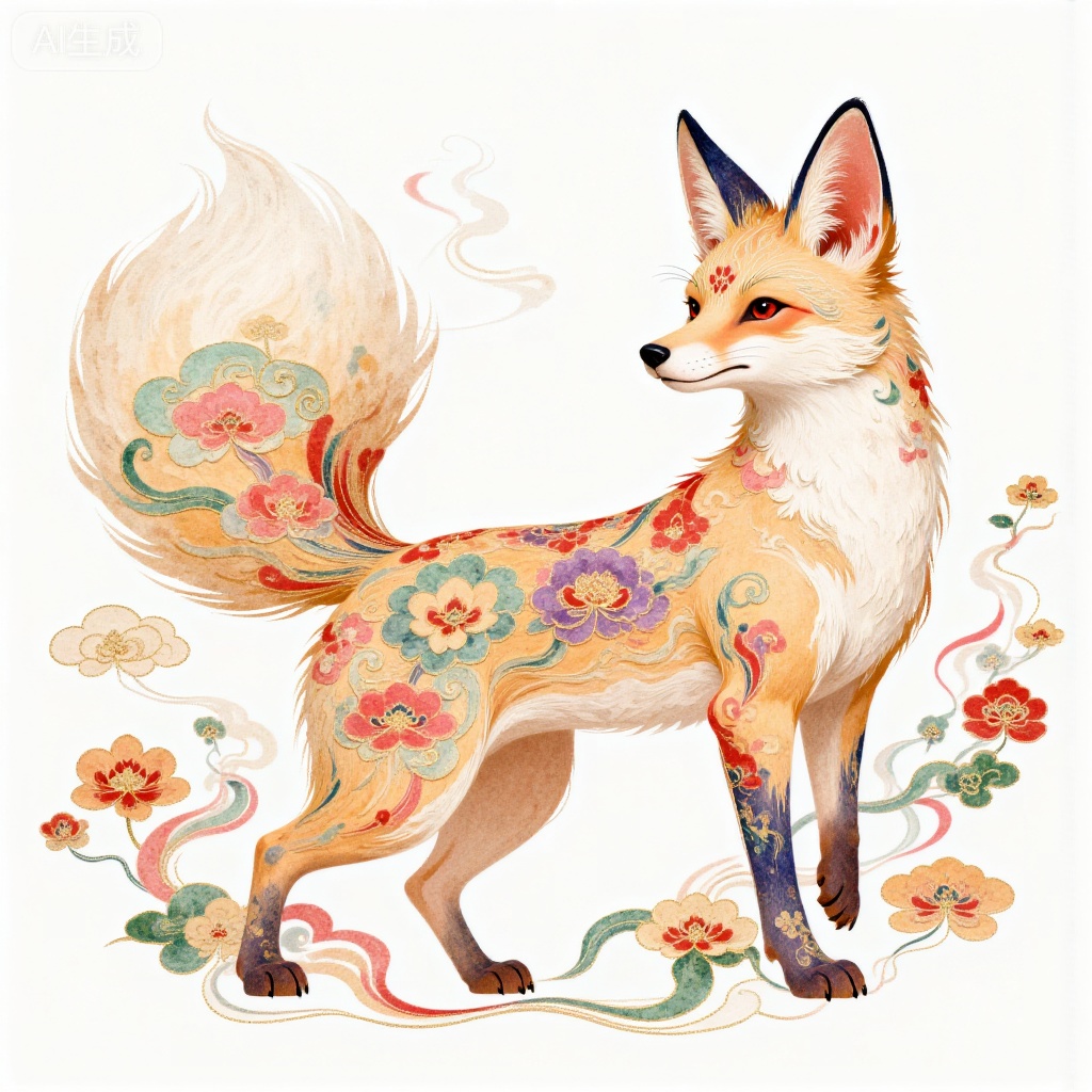 This is a digital artwork depicting a charming soft-pink and pale-yellow nine-tailed fox with delicate petal patterns resembling traditional printing on Korean paper. The fox's fur is adorned with gentle soft-pink, pale-yellow and lilac designs, blending seamlessly with the light falling flower-like motifs in the background. The style is reminiscent of traditional Korean folk painting, with a harmonious blend of fresh color tones and vivid line charm.