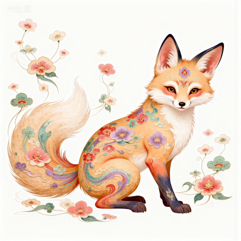This is a digital artwork depicting a charming soft-pink and pale-yellow nine-tailed fox with delicate petal patterns resembling traditional printing on Korean paper. The fox's fur is adorned with gentle soft-pink, pale-yellow and lilac designs, blending seamlessly with the light falling flower-like motifs in the background. The style is reminiscent of traditional Korean folk painting, with a harmonious blend of fresh color tones and vivid line charm.