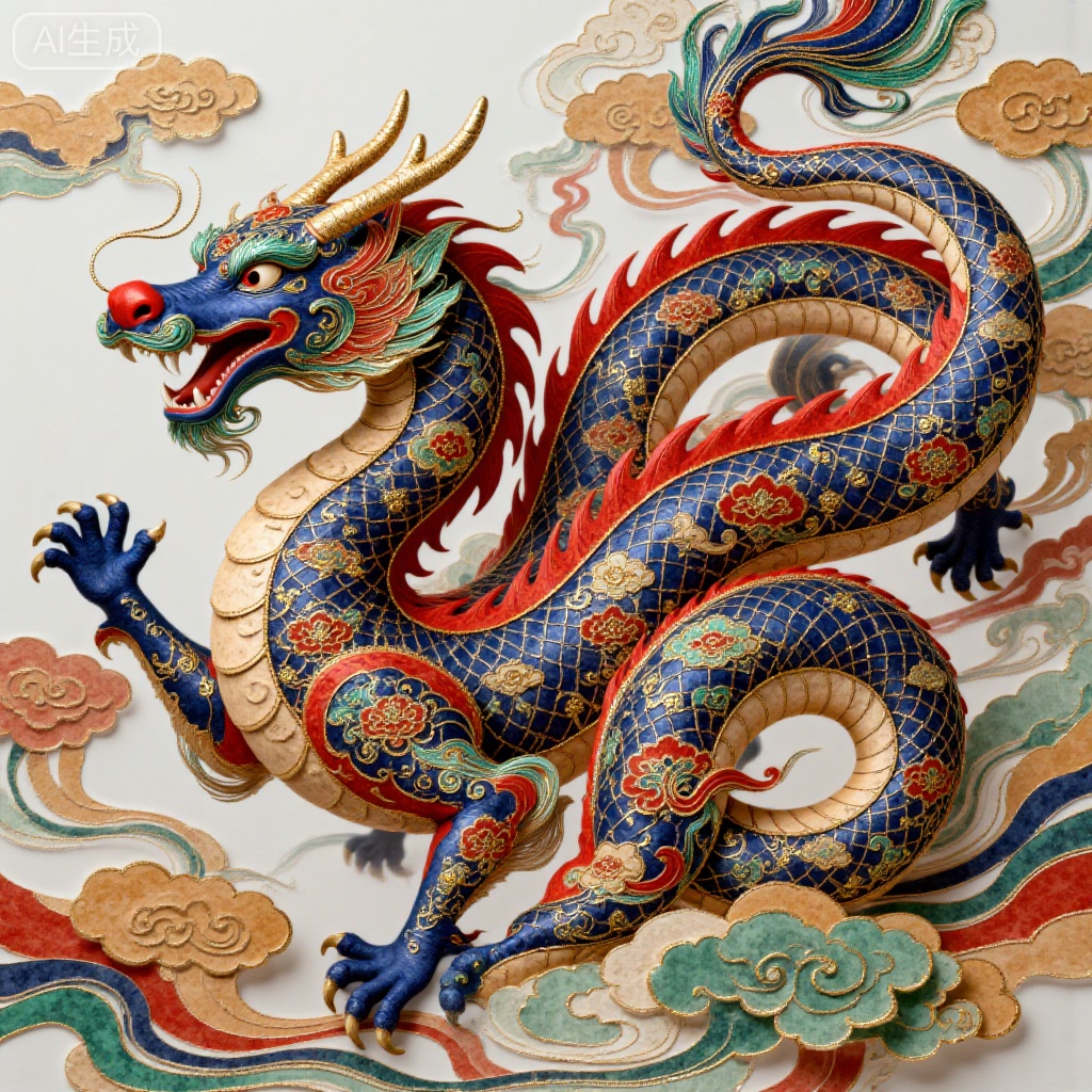 This is a digital artwork depicting a formidable jet-black and gold-gilt flood dragon with intricate cloud-and-thunder patterns derived from traditional bronze cauldron decorations. The dragon's scales are adorned with magnificent jet-black, gold-gilt and vermilion designs, blending seamlessly with the surging sea of clouds-like motifs in the background. The style is reminiscent of traditional Chinese bronze ware decorative art, with a harmonious blend of powerful color tension and vigorous line momentum.