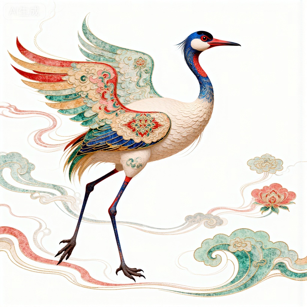 This is a digital artwork depicting an agile moon-white and bamboo-green crane with exquisite rhombus patterns resembling traditional Jiangnan brocade. The crane's wings are adorned with delicate moon-white, bamboo-green and pale pink designs, blending seamlessly with the leisurely water wave-like motifs in the background. The style is reminiscent of traditional Chinese meticulous painting, with a harmonious blend of elegant color combinations and graceful line aesthetics.