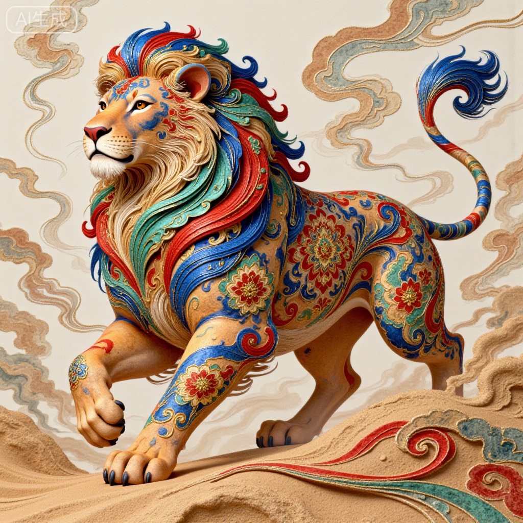 This is a digital artwork depicting a robust cyan-gold and crimson lion with layered scroll grass patterns resembling traditional Persian carpet totems. The lion's mane is adorned with bright cyan-gold, crimson and amber designs, blending seamlessly with the stretching sand dune-like motifs in the background. The style is reminiscent of traditional Persian miniatures, with a harmonious blend of rich color layers and elegant line rhythms.