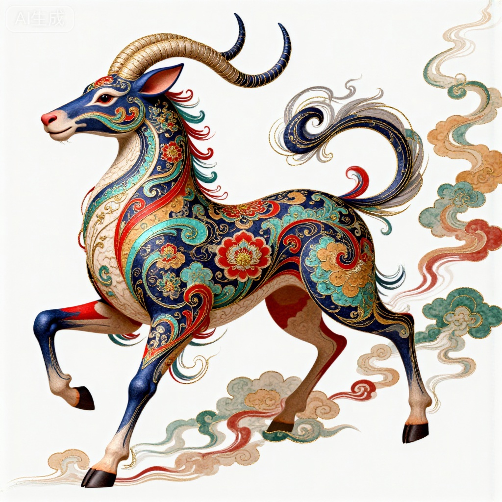 This is a digital artwork depicting a majestic silver and jet-black qilin with intricate interlocking branch patterns resembling traditional Oriental embroidery. The qilin's scales are adorned with dazzling silver, black and cyan designs, blending seamlessly with the ethereal mist-like motifs in the background. The style is reminiscent of traditional Japanese ukiyo-e, with a harmonious blend of striking color contrasts and delicate line textures.