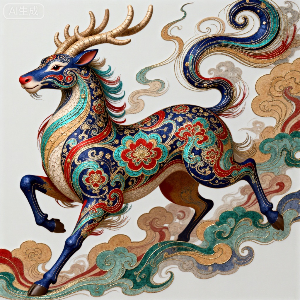 This is a digital artwork depicting a majestic silver and jet-black qilin with intricate interlocking branch patterns resembling traditional Oriental embroidery. The qilin's scales are adorned with dazzling silver, black and cyan designs, blending seamlessly with the ethereal mist-like motifs in the background. The style is reminiscent of traditional Japanese ukiyo-e, with a harmonious blend of striking color contrasts and delicate line textures.