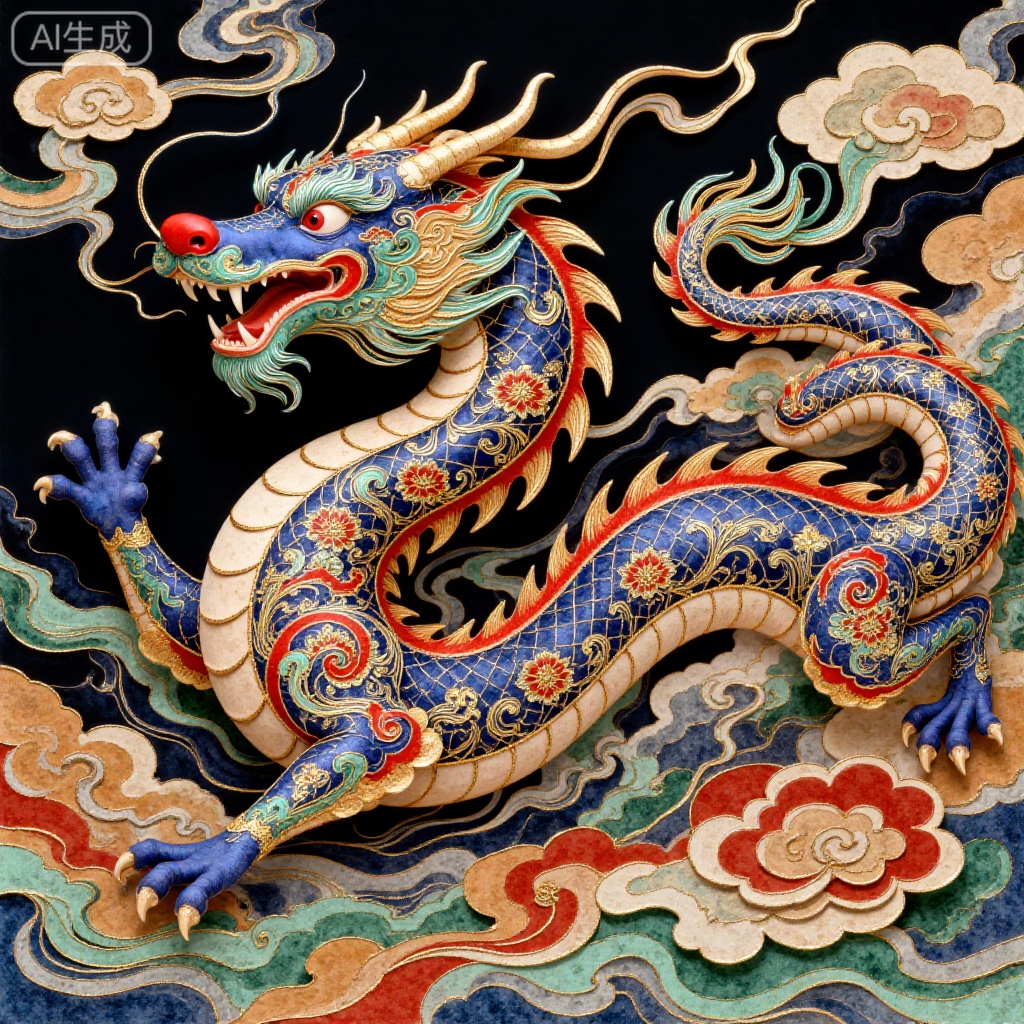 This is a digital artwork depicting a formidable jet-black and gold-gilt flood dragon with intricate cloud-and-thunder patterns derived from traditional bronze cauldron decorations. The dragon's scales are adorned with magnificent jet-black, gold-gilt and vermilion designs, blending seamlessly with the surging sea of clouds-like motifs in the background. The style is reminiscent of traditional Chinese bronze ware decorative art, with a harmonious blend of powerful color tension and vigorous line momentum.