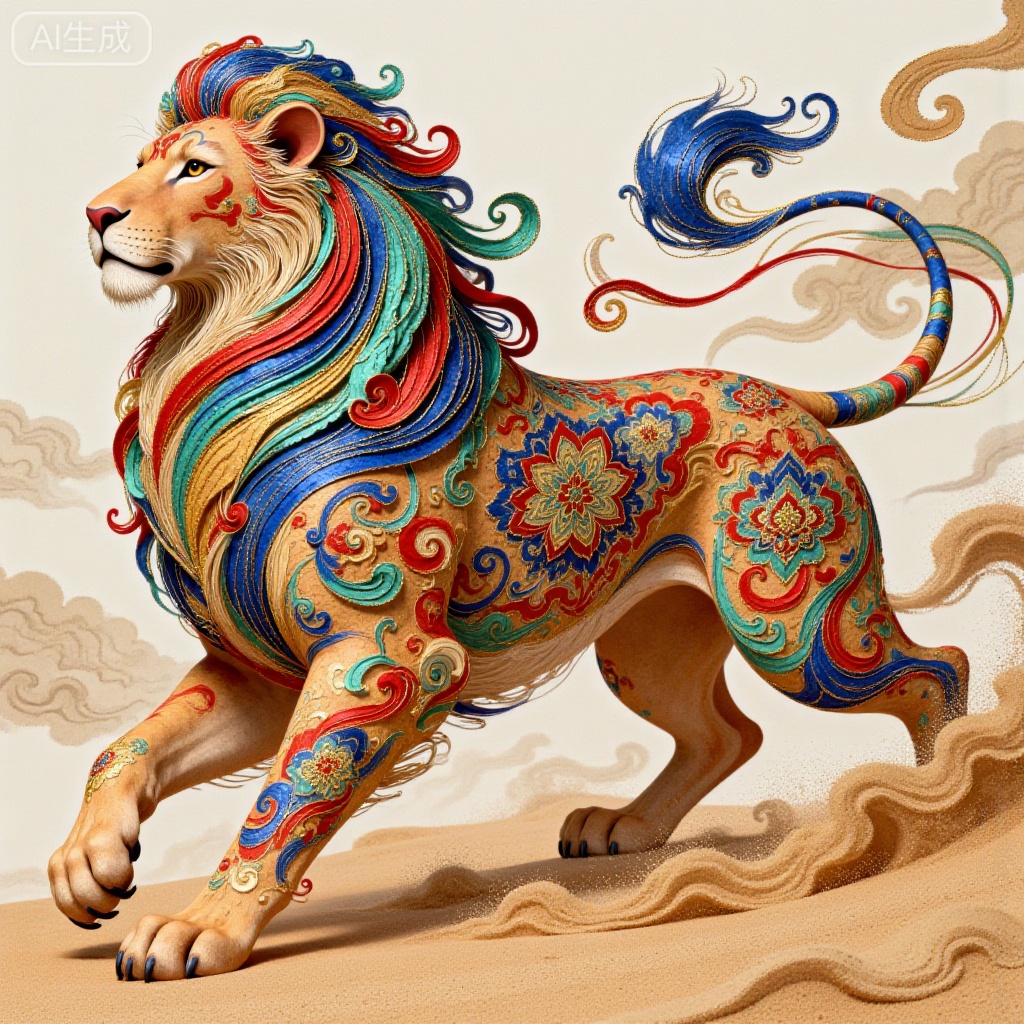 This is a digital artwork depicting a robust cyan-gold and crimson lion with layered scroll grass patterns resembling traditional Persian carpet totems. The lion's mane is adorned with bright cyan-gold, crimson and amber designs, blending seamlessly with the stretching sand dune-like motifs in the background. The style is reminiscent of traditional Persian miniatures, with a harmonious blend of rich color layers and elegant line rhythms.