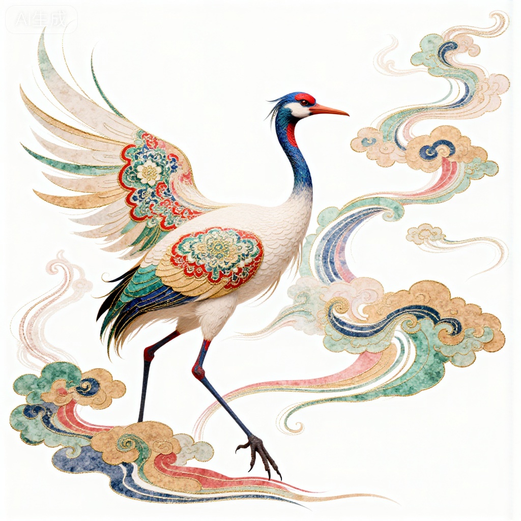 This is a digital artwork depicting an agile moon-white and bamboo-green crane with exquisite rhombus patterns resembling traditional Jiangnan brocade. The crane's wings are adorned with delicate moon-white, bamboo-green and pale pink designs, blending seamlessly with the leisurely water wave-like motifs in the background. The style is reminiscent of traditional Chinese meticulous painting, with a harmonious blend of elegant color combinations and graceful line aesthetics.