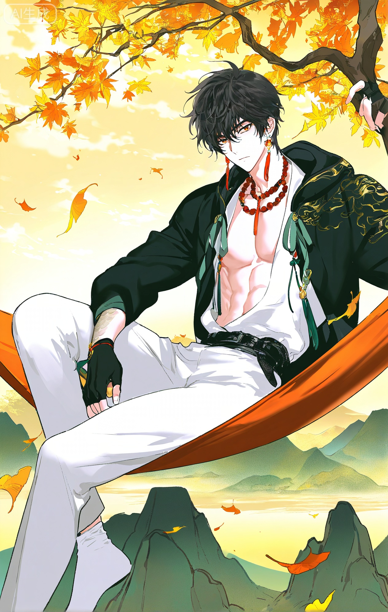 
JianXingZhu \(Return of the Dragon Tide\), 1boy, solo, looking at viewer, shirt, gloves, long sleeves, jewelry, sitting, closed mouth, jacket, white shirt, male focus, earrings, outdoors, open clothes, sky, day, black gloves, belt, pants, cloud, hand up, fingerless gloves, necklace, tree, open jacket, black jacket, feet out of frame, leaf, chinese clothes, tassel, nature, beads, knee up, mountain, white pants, branch, autumn leaves, bishounen, bead necklace, tassel earrings, mountainous horizon, dragon boy

xiaozhitiao,dianmei,1boy,bangs ,socks,white socks,dianmei (artist:mazjojo:0.53),(artist:pigeon666:0.37),(artist:zawar379:0.57),(artist:remsrar:0.35),(artist:yoneyama mai:0.64),(yokoyari mengo:0.6),1boy,male focus,solo,medium - length wavy hair,hooded pajamas,hood down, a light - brown knitted scarf draped over his shoulders, his toned abs visible as he dozes off in a hammock on a wooden patio. The hammock is strung between two posts, and there's a small side table with a half - read book and a glass of lemonade. Potted ferns line the edges of the patio, and the afternoon sun casts a warm, yellow glow.,White bodysuit