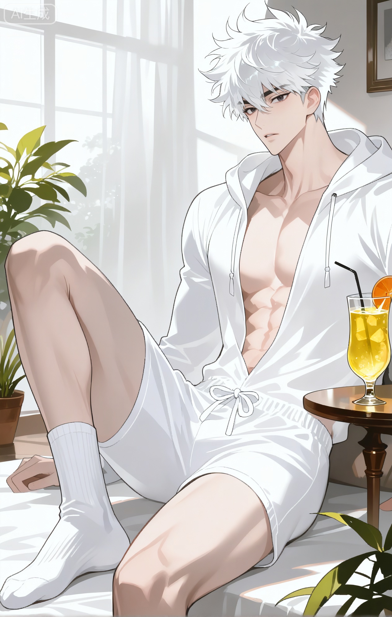 
Lu_Guang,white hair,black eyes,Lu Guang \(LINK CLICK\),short hair

xiaozhitiao,dianmei,1boy,bangs ,socks,white socks,dianmei (artist:mazjojo:0.53),(artist:pigeon666:0.37),(artist:zawar379:0.57),(artist:remsrar:0.35),(artist:yoneyama mai:0.64),(yokoyari mengo:0.6),1boy,male focus,solo,medium - length wavy hair,hooded pajamas,hood down, a light - brown knitted scarf draped over his shoulders, his toned abs visible as he dozes off in a hammock on a wooden patio. The hammock is strung between two posts, and there's a small side table with a half - read book and a glass of lemonade. Potted ferns line the edges of the patio, and the afternoon sun casts a warm, yellow glow.,White bodysuit