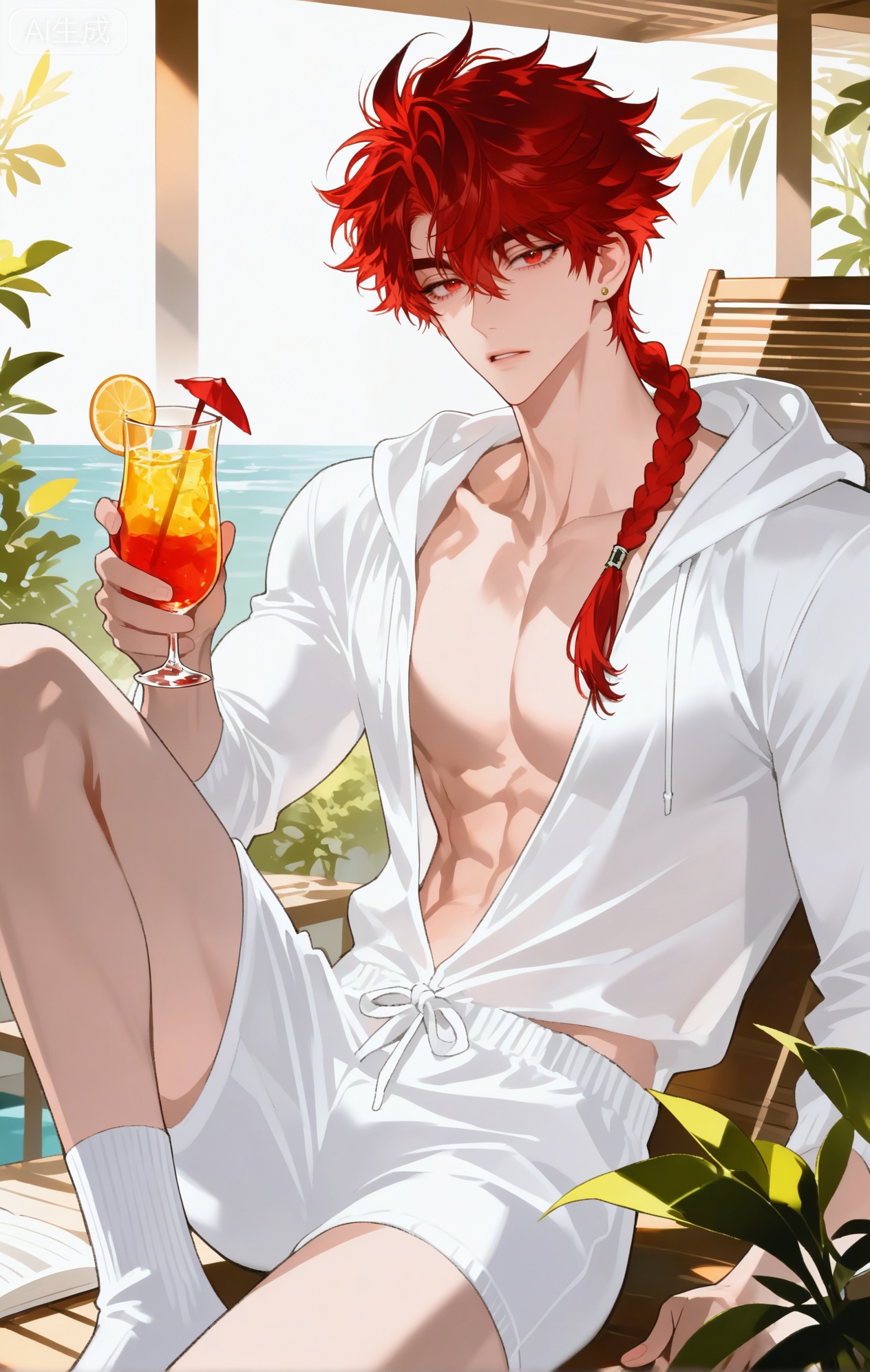 
vein\(link click\),Vein,short hair, red hair, red eyes, braided hair,braided ponytail, jewelry,single earring

xiaozhitiao,dianmei,1boy,bangs ,socks,white socks,dianmei (artist:mazjojo:0.53),(artist:pigeon666:0.37),(artist:zawar379:0.57),(artist:remsrar:0.35),(artist:yoneyama mai:0.64),(yokoyari mengo:0.6),1boy,male focus,solo,medium - length wavy hair,hooded pajamas,hood down, a light - brown knitted scarf draped over his shoulders, his toned abs visible as he dozes off in a hammock on a wooden patio. The hammock is strung between two posts, and there's a small side table with a half - read book and a glass of lemonade. Potted ferns line the edges of the patio, and the afternoon sun casts a warm, yellow glow.,White bodysuit