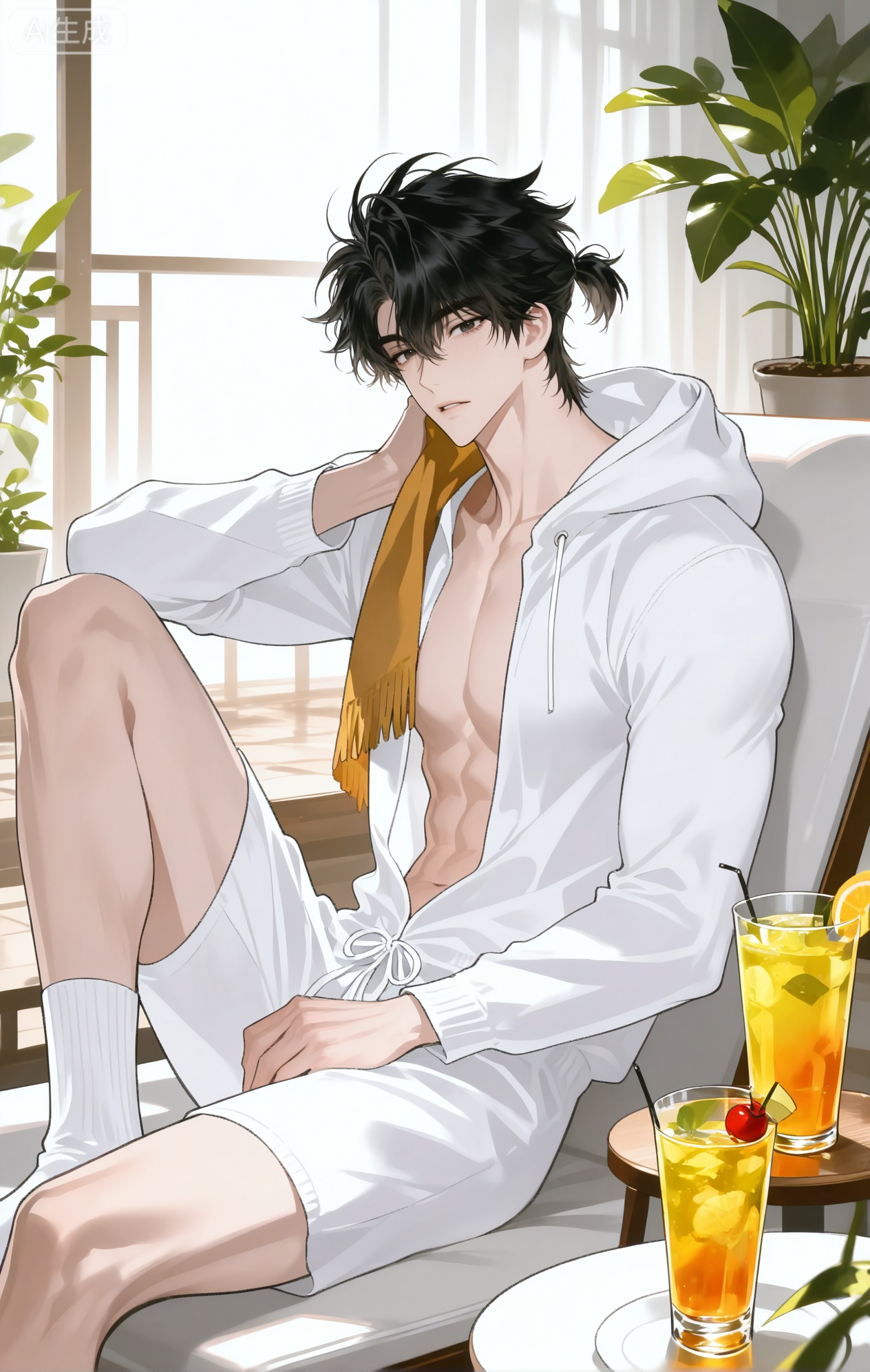 
Cheng Xiao Shi \(LINK CLICK\),Cheng_Xiaoshi,black hair,short ponytail,black eyes,,((short hair))

xiaozhitiao,dianmei,1boy,bangs ,socks,white socks,dianmei (artist:mazjojo:0.53),(artist:pigeon666:0.37),(artist:zawar379:0.57),(artist:remsrar:0.35),(artist:yoneyama mai:0.64),(yokoyari mengo:0.6),1boy,male focus,solo,medium - length wavy hair,hooded pajamas,hood down, a light - brown knitted scarf draped over his shoulders, his toned abs visible as he dozes off in a hammock on a wooden patio. The hammock is strung between two posts, and there's a small side table with a half - read book and a glass of lemonade. Potted ferns line the edges of the patio, and the afternoon sun casts a warm, yellow glow.,White bodysuit