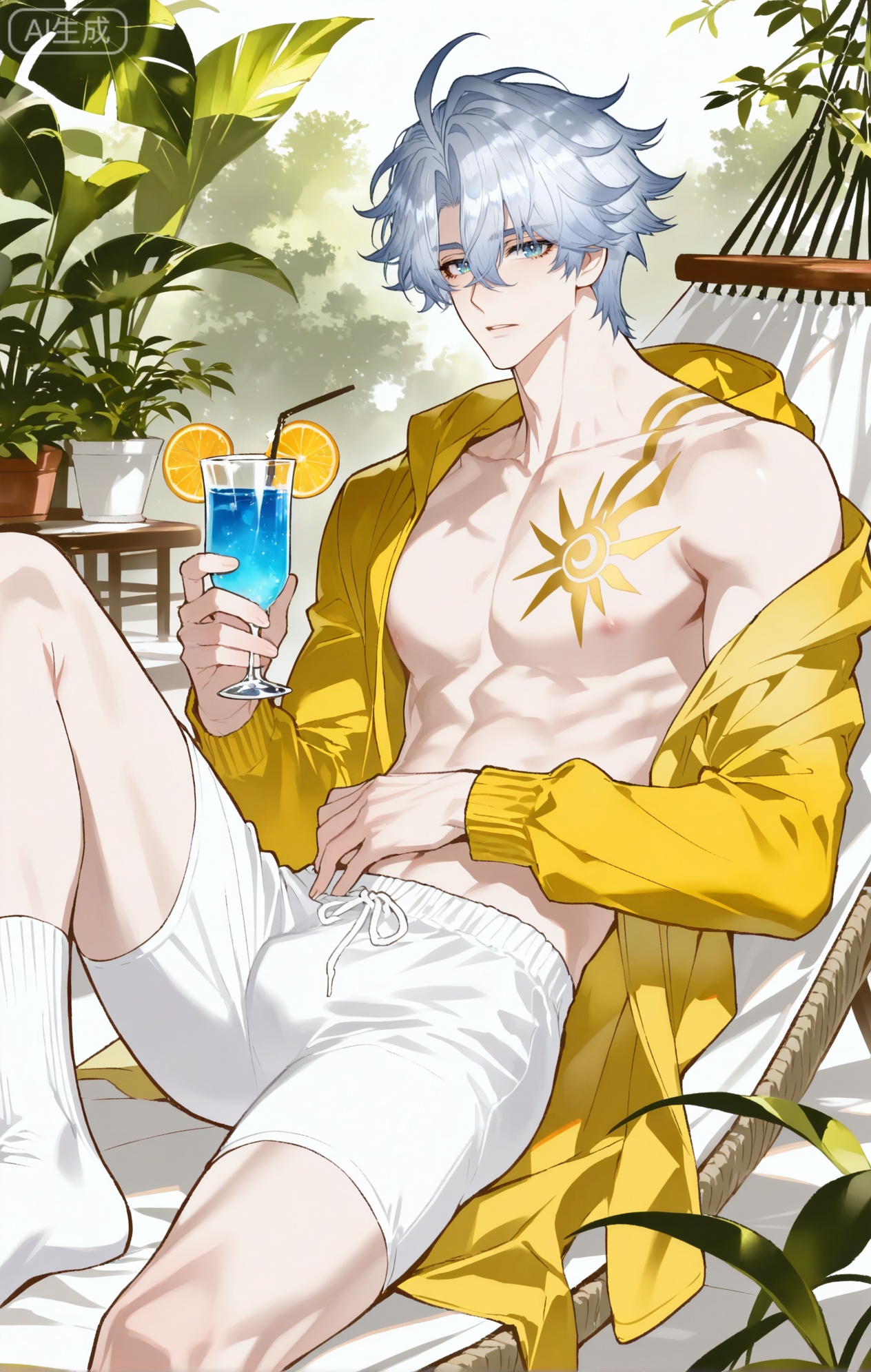Small note art style,,xiaozhitiao,

((1boy,phainon (honkai: star rail),white hair,blue eyes,short hair,ahogeSun tattoo, yellow tattoo,xiaozhitiao,dianmei,1boy,bangs ,socks,white socks,dianmei (artist:mazjojo:0.53),(artist:pigeon666:0.37),(artist:zawar379:0.57),(artist:remsrar:0.35),(artist:yoneyama mai:0.64),(yokoyari mengo:0.6),1boy,male focus,solo,medium - length wavy hair,hooded pajamas,hood down, a light - brown knitted scarf draped over his shoulders, his toned abs visible as he dozes off in a hammock on a wooden patio. The hammock is strung between two posts, and there's a small side table with a half - read book and a glass of lemonade. Potted ferns line the edges of the patio, and the afternoon sun casts a warm, yellow glow.,White bodysuit