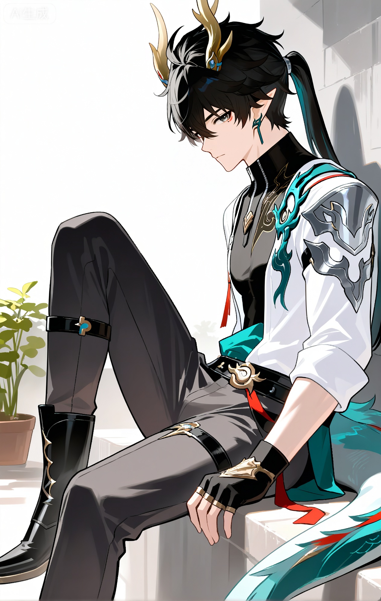 
(1boy (dan heng (permansor terrae) (honkai: star rail)),dan_heng,Gray eyes,leg loops,Green Dragon Tail,Black tight fitting clothes,dragon horns,fingerless gloves,pants,belt,pointy ears,horns,boots,earrings,ponytail,jewelry,hair between eyes,black hair,shirt,bangs,long hai
