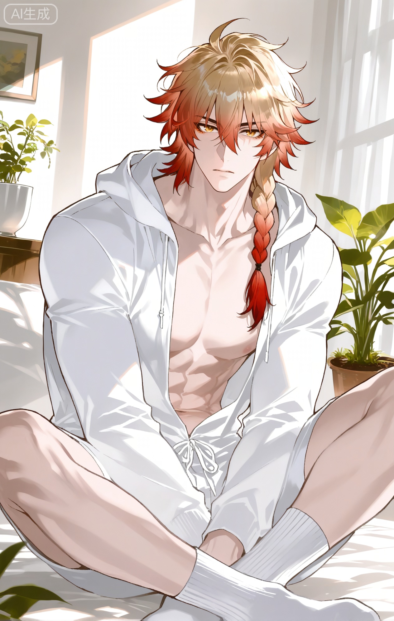 
((1boy, mydei (honkai: star rail), (honkai: star rail),blonde hair,red hai,gradient hair,medium hair,hair between eyes,braid,eyeliner,yellow eyes,

xiaozhitiao,dianmei,1boy,bangs ,socks,white socks,dianmei (artist:mazjojo:0.53),(artist:pigeon666:0.37),(artist:zawar379:0.57),(artist:remsrar:0.35),(artist:yoneyama mai:0.64),(yokoyari mengo:0.6),1boy,male focus,solo,medium - length wavy hair,hooded pajamas,hood down, a light - brown knitted scarf draped over his shoulders, his toned abs visible as he dozes off in a hammock on a wooden patio. The hammock is strung between two posts, and there's a small side table with a half - read book and a glass of lemonade. Potted ferns line the edges of the patio, and the afternoon sun casts a warm, yellow glow.,White bodysuit