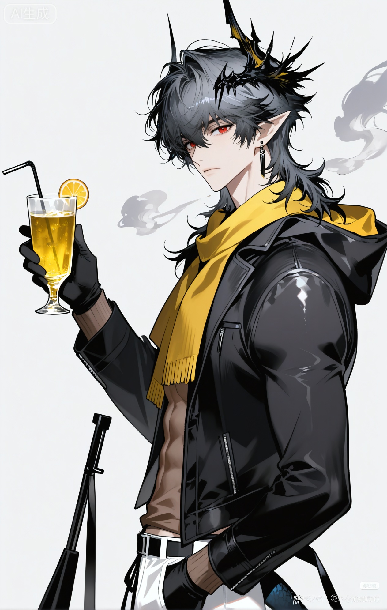 
1boy,male focus,gloves,solo,pointy ears,black gloves,red eyes,looking at viewer,holding,upper body,earrings,jewelry,long sleeves,long hair,grey hair,horns,smoke,jacket,black jacket,hair between eyes,from side,grey background,shirt,Logos_\(Arknights\),looking at viewer, simple background, white background, holding, closed mouth, standing, full body, male focus, pants, weibo username

xiaozhitiao,dianmei,1boy,bangs ,socks,white socks,dianmei (artist:mazjojo:0.53),(artist:pigeon666:0.37),(artist:zawar379:0.57),(artist:remsrar:0.35),(artist:yoneyama mai:0.64),(yokoyari mengo:0.6),1boy,male focus,solo,medium - length wavy hair,hooded pajamas,hood down, a light - brown knitted scarf draped over his shoulders, his toned abs visible as he dozes off in a hammock on a wooden patio. The hammock is strung between two posts, and there's a small side table with a half - read book and a glass of lemonade. Potted ferns line the edges of the patio, and the afternoon sun casts a warm, yellow glow.,White bodysuit