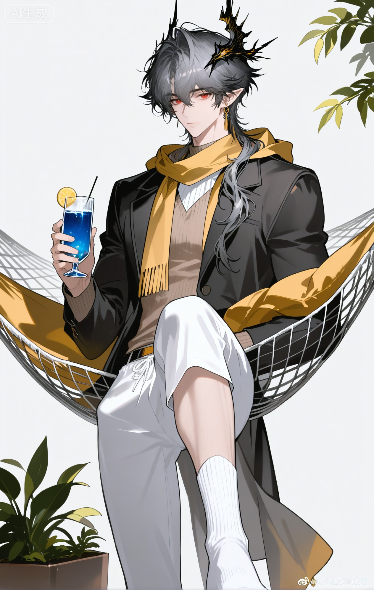 
1boy,male focus,gloves,solo,pointy ears,black gloves,red eyes,looking at viewer,holding,upper body,earrings,jewelry,long sleeves,long hair,grey hair,horns,smoke,jacket,black jacket,hair between eyes,from side,grey background,shirt,Logos_\(Arknights\),looking at viewer, simple background, white background, holding, closed mouth, standing, full body, male focus, pants, weibo username

xiaozhitiao,dianmei,1boy,bangs ,socks,white socks,dianmei (artist:mazjojo:0.53),(artist:pigeon666:0.37),(artist:zawar379:0.57),(artist:remsrar:0.35),(artist:yoneyama mai:0.64),(yokoyari mengo:0.6),1boy,male focus,solo,medium - length wavy hair,hooded pajamas,hood down, a light - brown knitted scarf draped over his shoulders, his toned abs visible as he dozes off in a hammock on a wooden patio. The hammock is strung between two posts, and there's a small side table with a half - read book and a glass of lemonade. Potted ferns line the edges of the patio, and the afternoon sun casts a warm, yellow glow.,White bodysuit