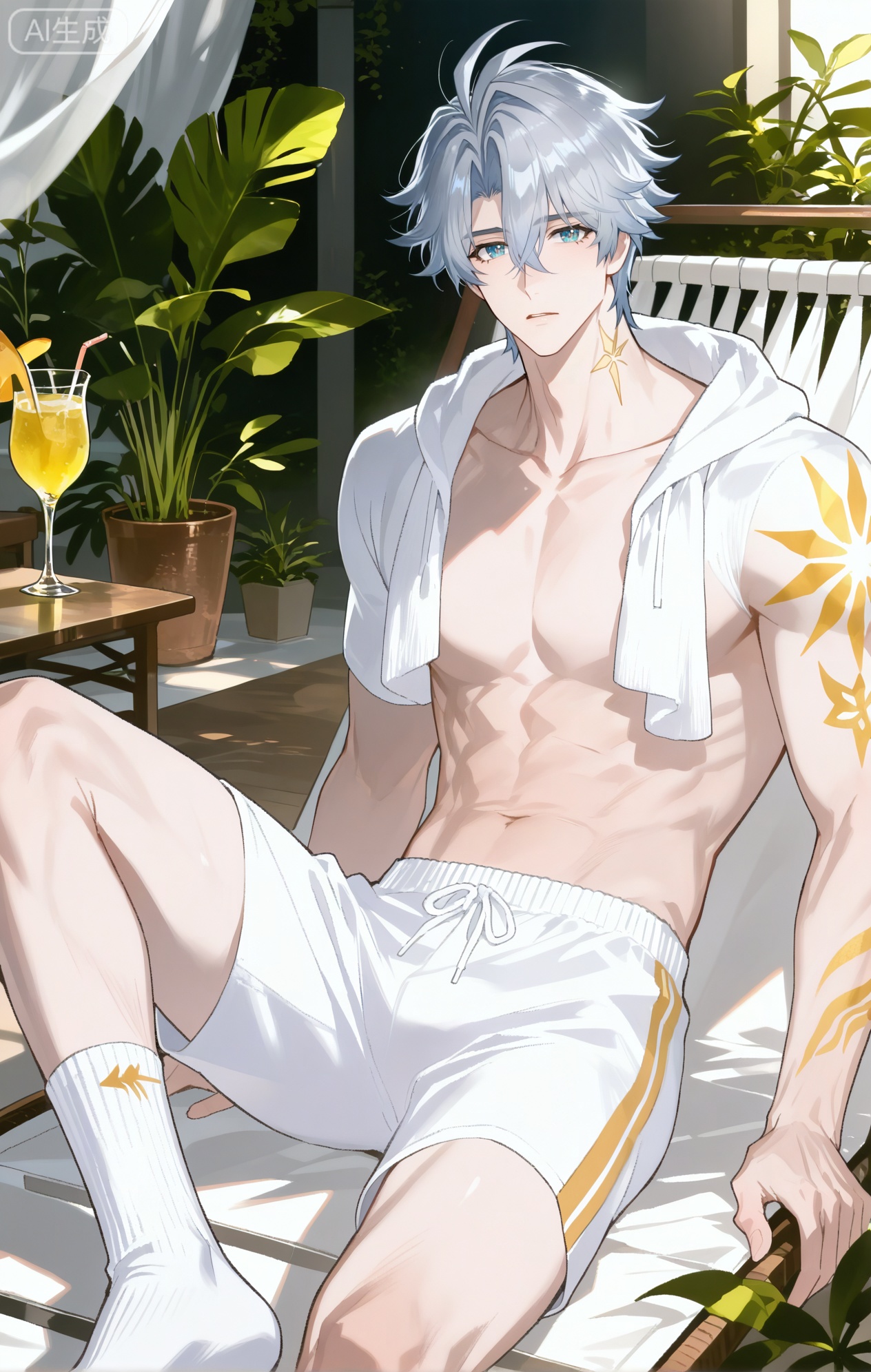 Small note art style,,xiaozhitiao,

((1boy,phainon (honkai: star rail),white hair,blue eyes,short hair,ahogeSun tattoo, yellow tattoo,xiaozhitiao,dianmei,1boy,bangs ,socks,white socks,dianmei (artist:mazjojo:0.53),(artist:pigeon666:0.37),(artist:zawar379:0.57),(artist:remsrar:0.35),(artist:yoneyama mai:0.64),(yokoyari mengo:0.6),1boy,male focus,solo,medium - length wavy hair,hooded pajamas,hood down, a light - brown knitted scarf draped over his shoulders, his toned abs visible as he dozes off in a hammock on a wooden patio. The hammock is strung between two posts, and there's a small side table with a half - read book and a glass of lemonade. Potted ferns line the edges of the patio, and the afternoon sun casts a warm, yellow glow.,White bodysuit