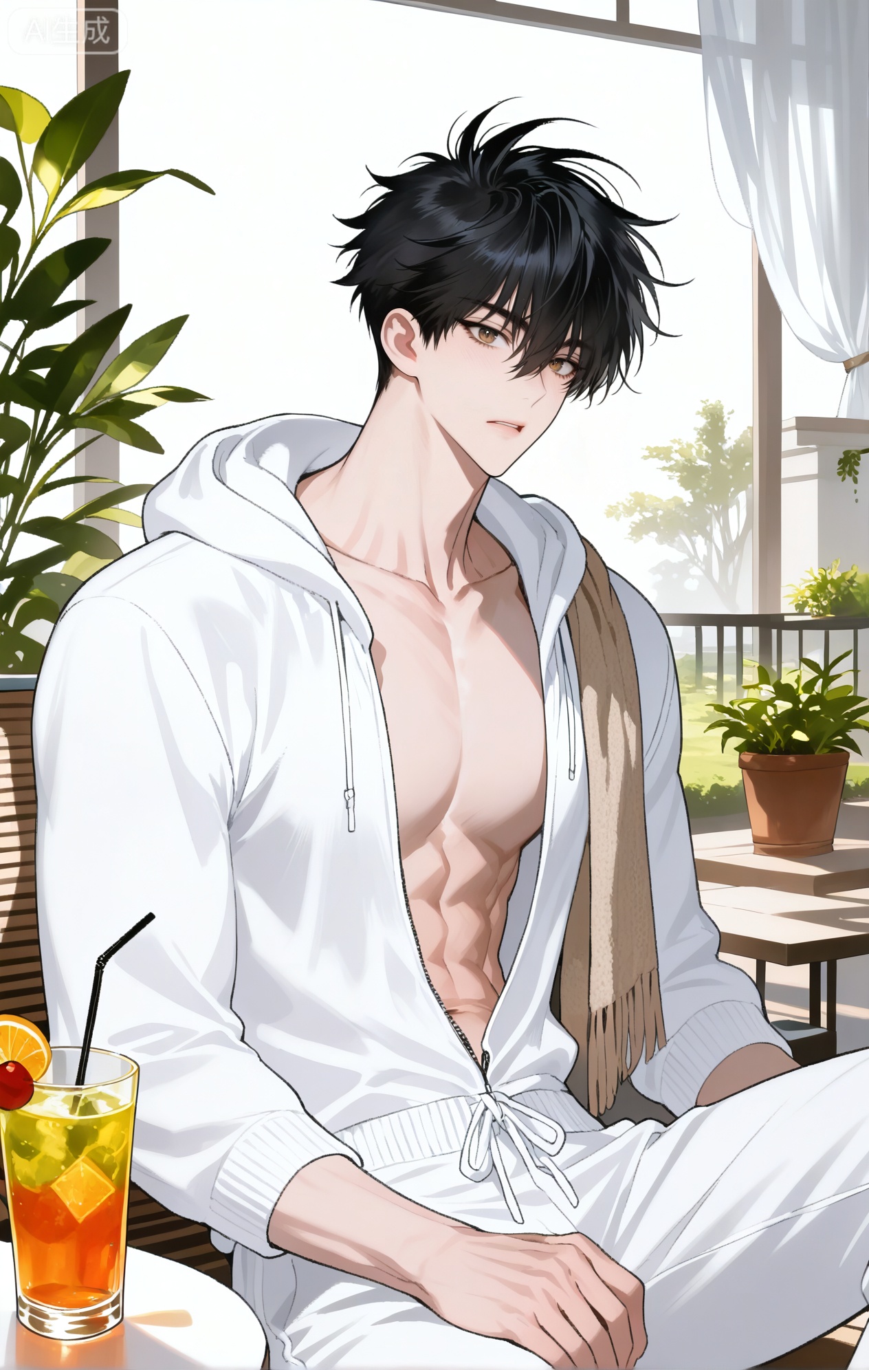 
Jin Yixuan_(Night by the Water)

xiaozhitiao,dianmei,1boy,bangs ,socks,white socks,dianmei (artist:mazjojo:0.53),(artist:pigeon666:0.37),(artist:zawar379:0.57),(artist:remsrar:0.35),(artist:yoneyama mai:0.64),(yokoyari mengo:0.6),1boy,male focus,solo,medium - length wavy hair,hooded pajamas,hood down, a light - brown knitted scarf draped over his shoulders, his toned abs visible as he dozes off in a hammock on a wooden patio. The hammock is strung between two posts, and there's a small side table with a half - read book and a glass of lemonade. Potted ferns line the edges of the patio, and the afternoon sun casts a warm, yellow glow.,White bodysuit