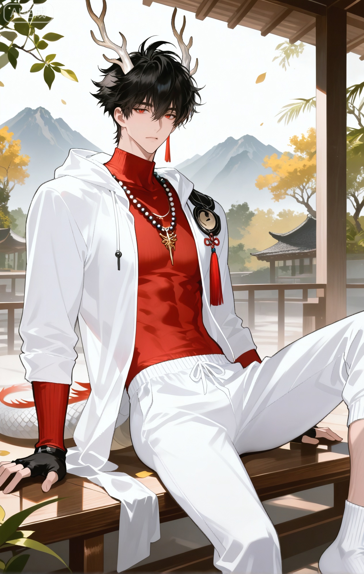 
JianXingZhu \(Return of the Dragon Tide\)solo, short hair, shirt, black hair, red eyes, gloves, long sleeves, 1boy, jewelry, sitting, closed mouth, jacket, tail, white shirt, male focus, earrings, outdoors, horns, black gloves, pants, fingerless gloves, necklace, open jacket, tree, feet out of frame, leaf, tassel, dragon horns, beads, mountain, white pants, dragon tail, branch, antlers, bishounen, tassel earrings

xiaozhitiao,dianmei,1boy,bangs ,socks,white socks,dianmei (artist:mazjojo:0.53),(artist:pigeon666:0.37),(artist:zawar379:0.57),(artist:remsrar:0.35),(artist:yoneyama mai:0.64),(yokoyari mengo:0.6),1boy,male focus,solo,medium - length wavy hair,hooded pajamas,hood down, a light - brown knitted scarf draped over his shoulders, his toned abs visible as he dozes off in a hammock on a wooden patio. The hammock is strung between two posts, and there's a small side table with a half - read book and a glass of lemonade. Potted ferns line the edges of the patio, and the afternoon sun casts a warm, yellow glow.,White bodysuit