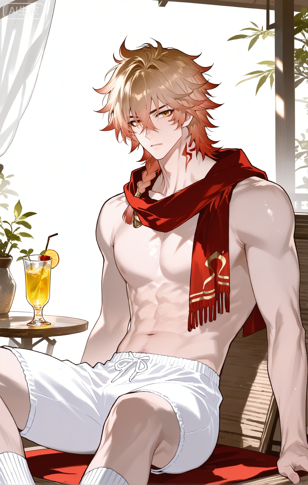 
((1boy, mydei (honkai: star rail), (honkai: star rail),blonde hair,red hai,gradient hair,medium hair,hair between eyes,braid,eyeliner,yellow eyes,

xiaozhitiao,dianmei,1boy,bangs ,socks,white socks,dianmei (artist:mazjojo:0.53),(artist:pigeon666:0.37),(artist:zawar379:0.57),(artist:remsrar:0.35),(artist:yoneyama mai:0.64),(yokoyari mengo:0.6),1boy,male focus,solo,medium - length wavy hair,hooded pajamas,hood down, a light - brown knitted scarf draped over his shoulders, his toned abs visible as he dozes off in a hammock on a wooden patio. The hammock is strung between two posts, and there's a small side table with a half - read book and a glass of lemonade. Potted ferns line the edges of the patio, and the afternoon sun casts a warm, yellow glow.,White bodysuit