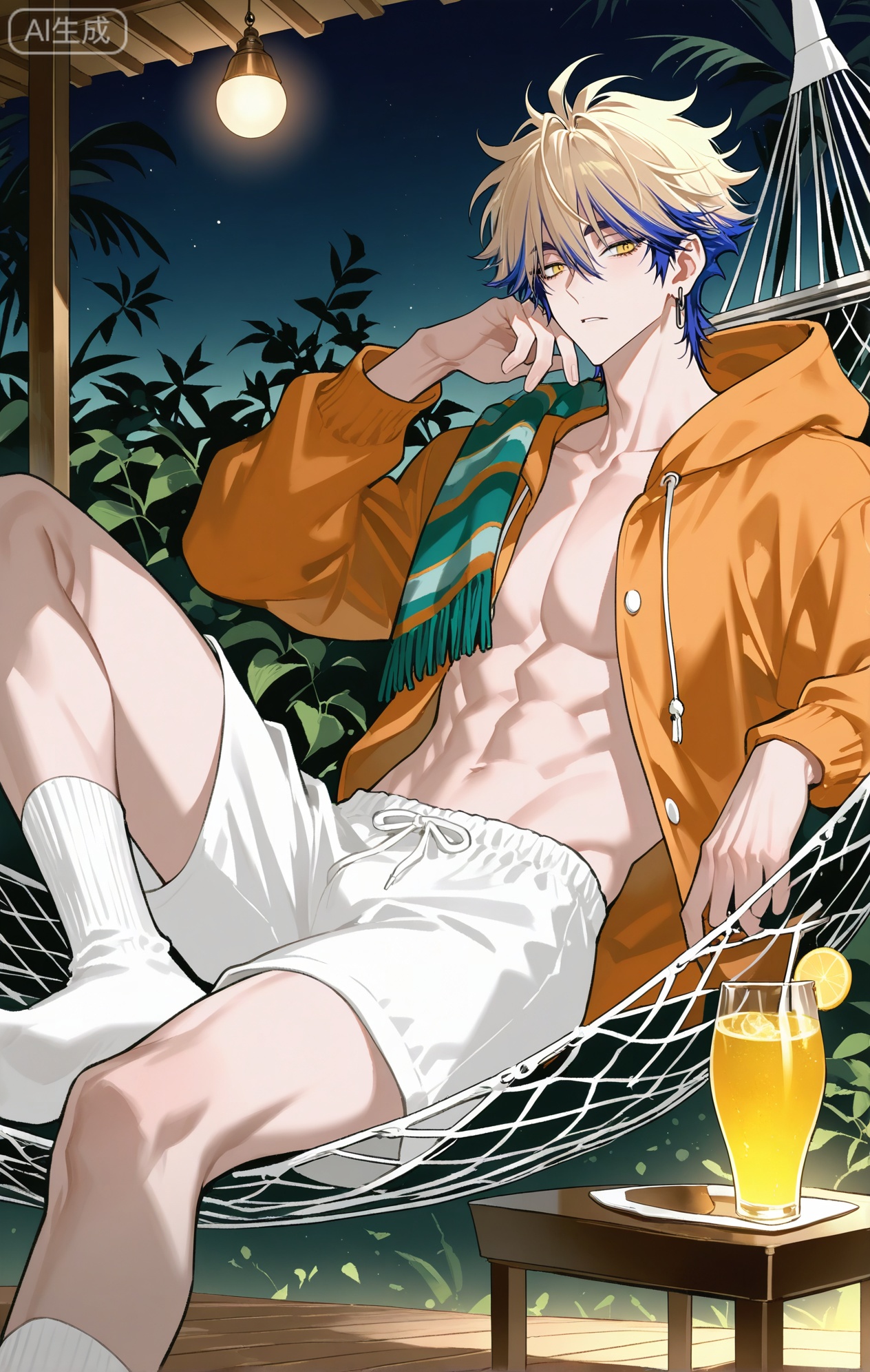 
((1boy Felix \(LINK CLICK\))),1boy,blonde hair,earrings,short hair,hair between eyes,,multicolored hair,yellow eyes,
two-tone hair

xiaozhitiao,dianmei,1boy,bangs ,socks,white socks,dianmei (artist:mazjojo:0.53),(artist:pigeon666:0.37),(artist:zawar379:0.57),(artist:remsrar:0.35),(artist:yoneyama mai:0.64),(yokoyari mengo:0.6),1boy,male focus,solo,medium - length wavy hair,hooded pajamas,hood down, a light - brown knitted scarf draped over his shoulders, his toned abs visible as he dozes off in a hammock on a wooden patio. The hammock is strung between two posts, and there's a small side table with a half - read book and a glass of lemonade. Potted ferns line the edges of the patio, and the afternoon sun casts a warm, yellow glow.,White bodysuit