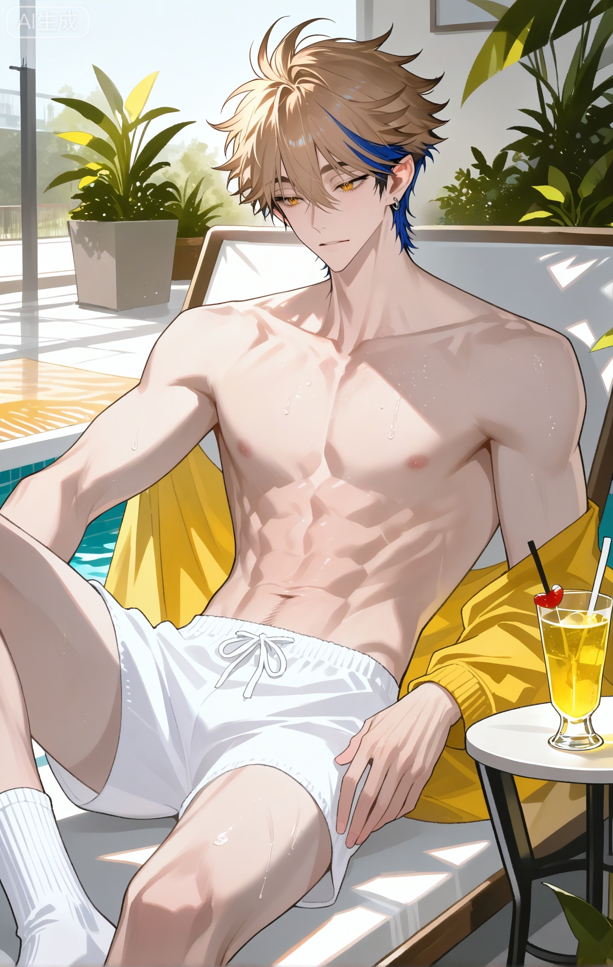 
((1boy Felix \(LINK CLICK\))),1boy,blonde hair,earrings,short hair,hair between eyes,,multicolored hair,yellow eyes,
two-tone hair

xiaozhitiao,dianmei,1boy,bangs ,socks,white socks,dianmei (artist:mazjojo:0.53),(artist:pigeon666:0.37),(artist:zawar379:0.57),(artist:remsrar:0.35),(artist:yoneyama mai:0.64),(yokoyari mengo:0.6),1boy,male focus,solo,medium - length wavy hair,hooded pajamas,hood down, a light - brown knitted scarf draped over his shoulders, his toned abs visible as he dozes off in a hammock on a wooden patio. The hammock is strung between two posts, and there's a small side table with a half - read book and a glass of lemonade. Potted ferns line the edges of the patio, and the afternoon sun casts a warm, yellow glow.,White bodysuit